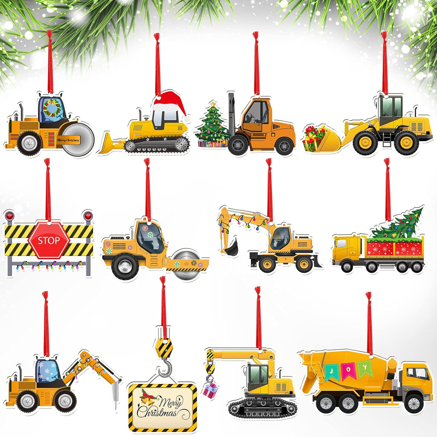 12 Pcs Christmas Construction Truck Vintage Excavator Christmas Ornament Excavator Decorations Wooden Xmas Ornaments Decorative Hanging Ornaments for Tree