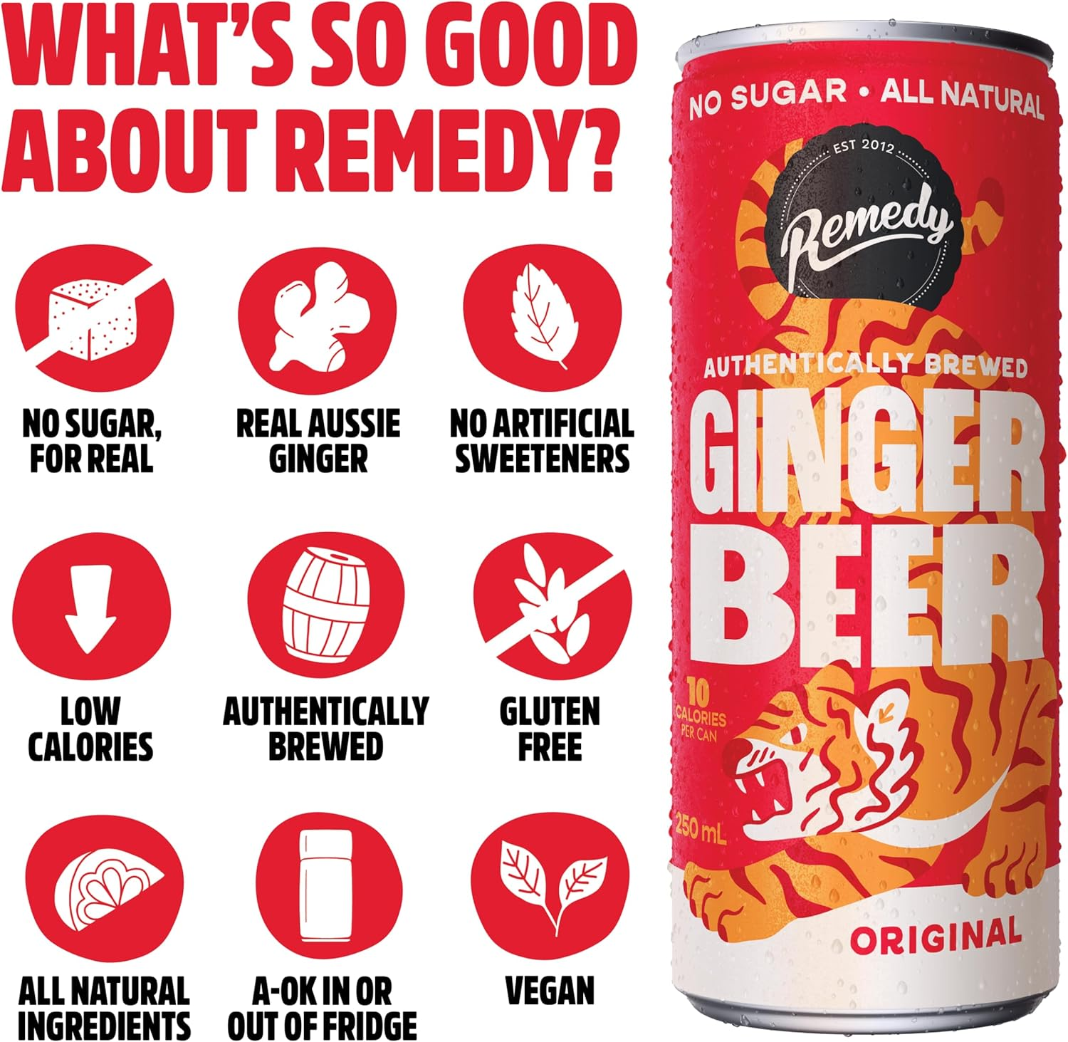 Remedy Ginger Beer - No Sugar, Real Aussie Ginger, Vegan, Gluten Free, All-Natural - Non Alcoholic - 24 Pack of 250Ml Cans image number 4