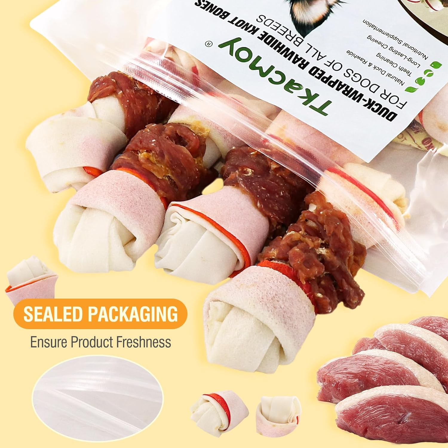 Duck Wrap Knotted Rawhide Bones, Long - Lasting Beefhide Dog Treats for Small to Large Dogs Training Treats, Real Duck Wrap Rawhide Promotes Dental Health 4.3" Pack of 5 7.05 Oz（200G） image number 5