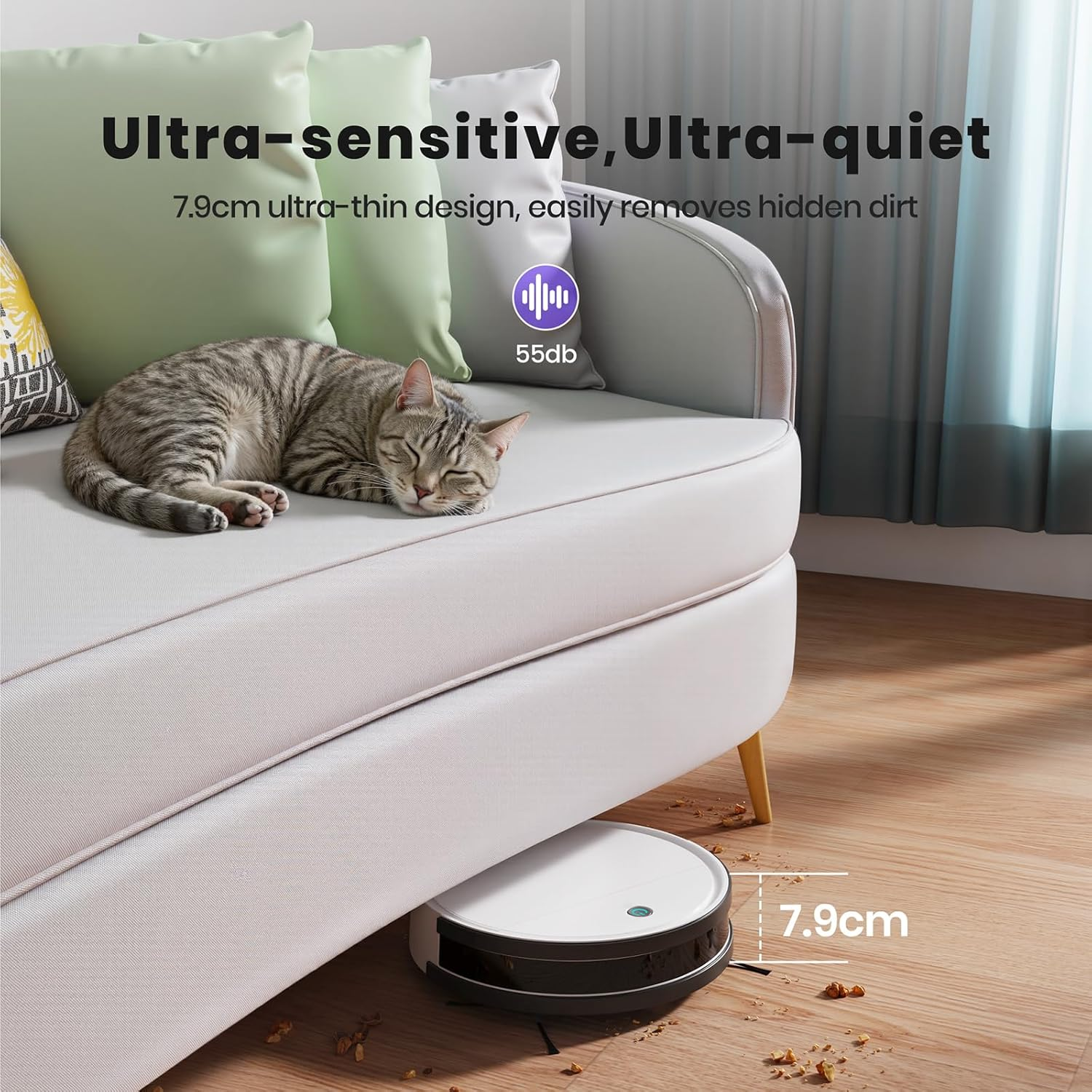 OKP K5 Robot Vacuum Cleaner with Freemove 3.0 Navigation, 2500Pa Strong Suction, Wi-Fi/Alexa App Control, 120 Mins Runtime, Auto-Charging, Ultra-Thin & Quiet, for Hard Floors Carpets Pet Hair, White - Ivory image number 7