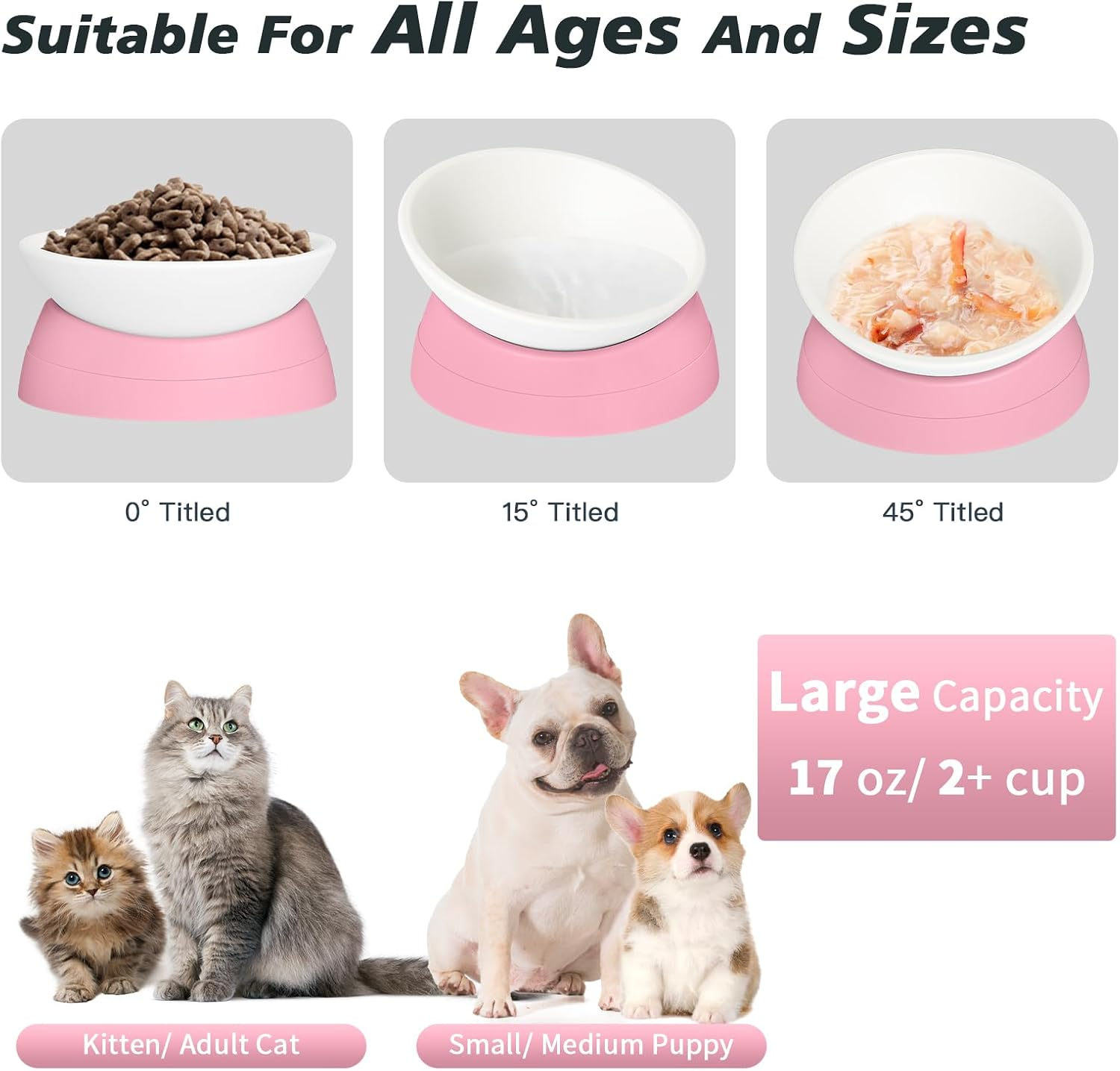 Hi, Ravitat Cat Bowls Elevated Cat Food Bowl Adjustable Cat Dish Anti-Slip and Anti-Noise Raised Cat Bowl Protecting Pet&rsquo;S Spine Thickened Plastic Bowl Suitable for Indoor Cats, 17 Oz - Light Blue  Pink  Black  Grey image number 4