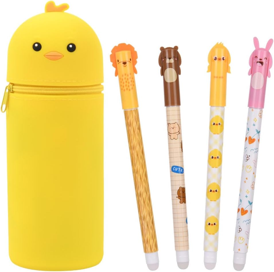 OFFCUP 2 in 1 Soft Silicone Pencil Case, Filled Pencil Case with 4Pcs Erasable Gel Pens, Kawaii Rabbit Zipper Pen Holder, Pen Pouch for Office Home or School Back to School