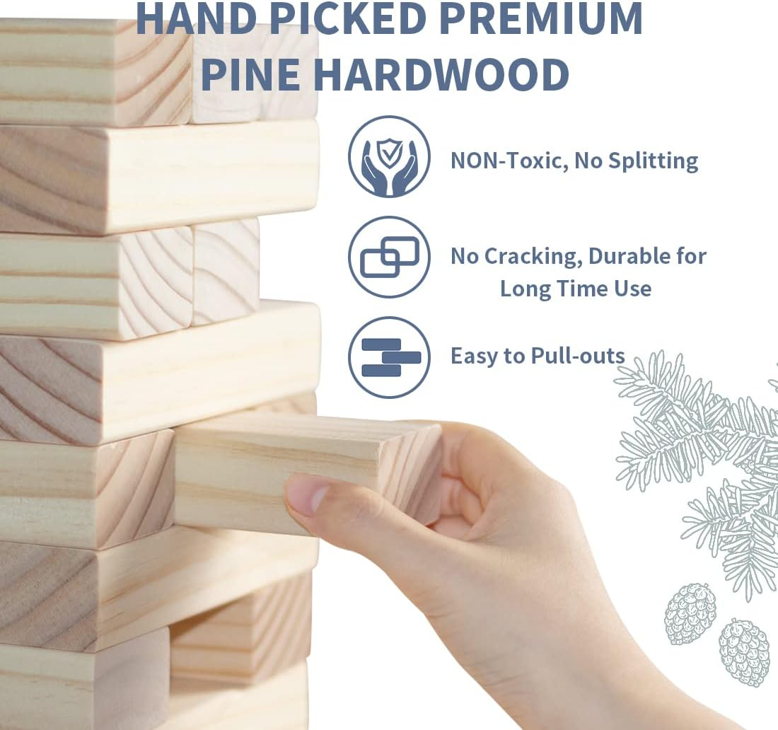 Megwoz Giant Tumble Tower, Stacking Backyard Game with 1 Dice|Scoreboard| Carrying Bag, Premium Pine Wooden Block Game Set for Kids Adult Family- 48 Pieces (1.5Ft to over 3.5Ft ) image number 5
