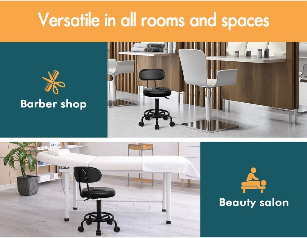 ALFORDSON Salon Stool Declan round Swivel Drafting Rolling Stools in 47.5-62Cm Height Adjustable PU Leather Spa Stool with Footrest Wheel Hair Dress Barber Chair with Backrest for Massage All Black image number 4