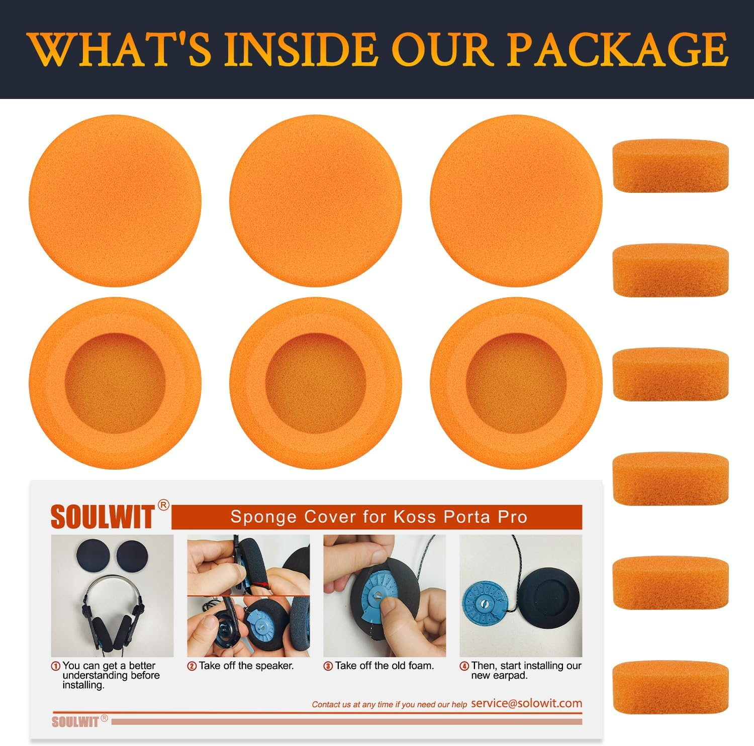 SOULWIT 6 Pcs Replacement Earpads for Koss Porta Pro, KSC11, KSC17, KSC75 Headphones, Soft and Durable Sponge Ear Pads Cushions with High-Density Foam - Orange - Black image number 4