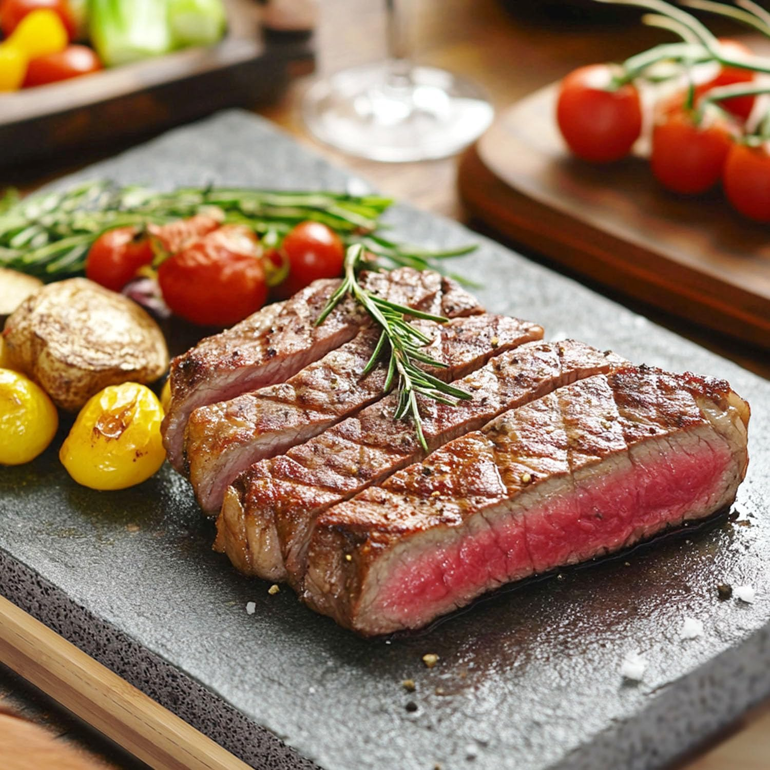 Artestia Extra Large Lava Stone for Cooking Steak, Hot Stone Plates Tabletop Grill, Sizzling Stone Grill Cooking Platter for Meat, BBQ Lava Steak Stones with Bamboo Platter (13.66"*8.93")