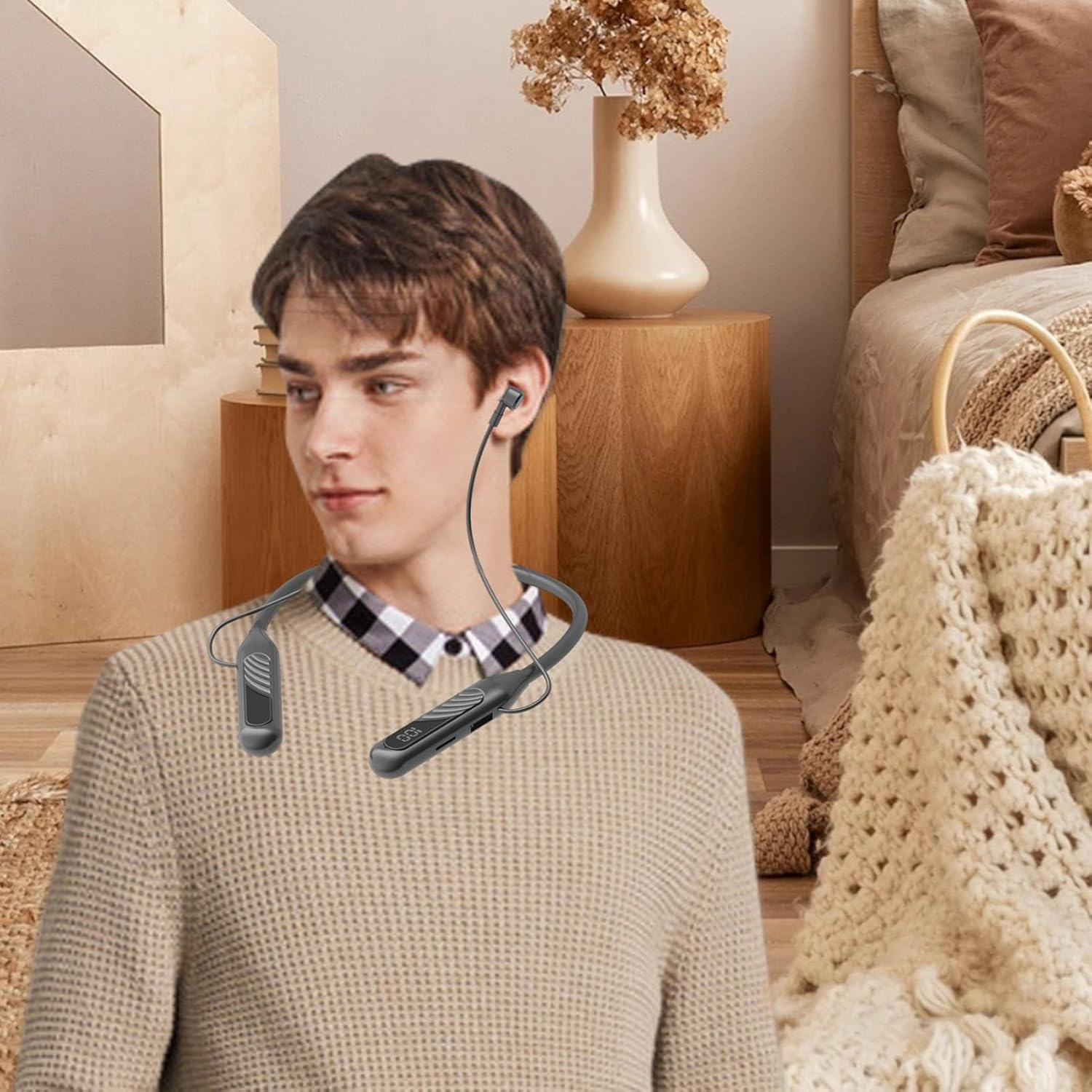 Wireless Neckband Earbuds, Digital Display Neck Wireles Earphones With, Curved Silicone Collar, Noise Reduction Feature, Ideal for Women during Travel, Workouts, Commutes, Outdoor Use image number 5