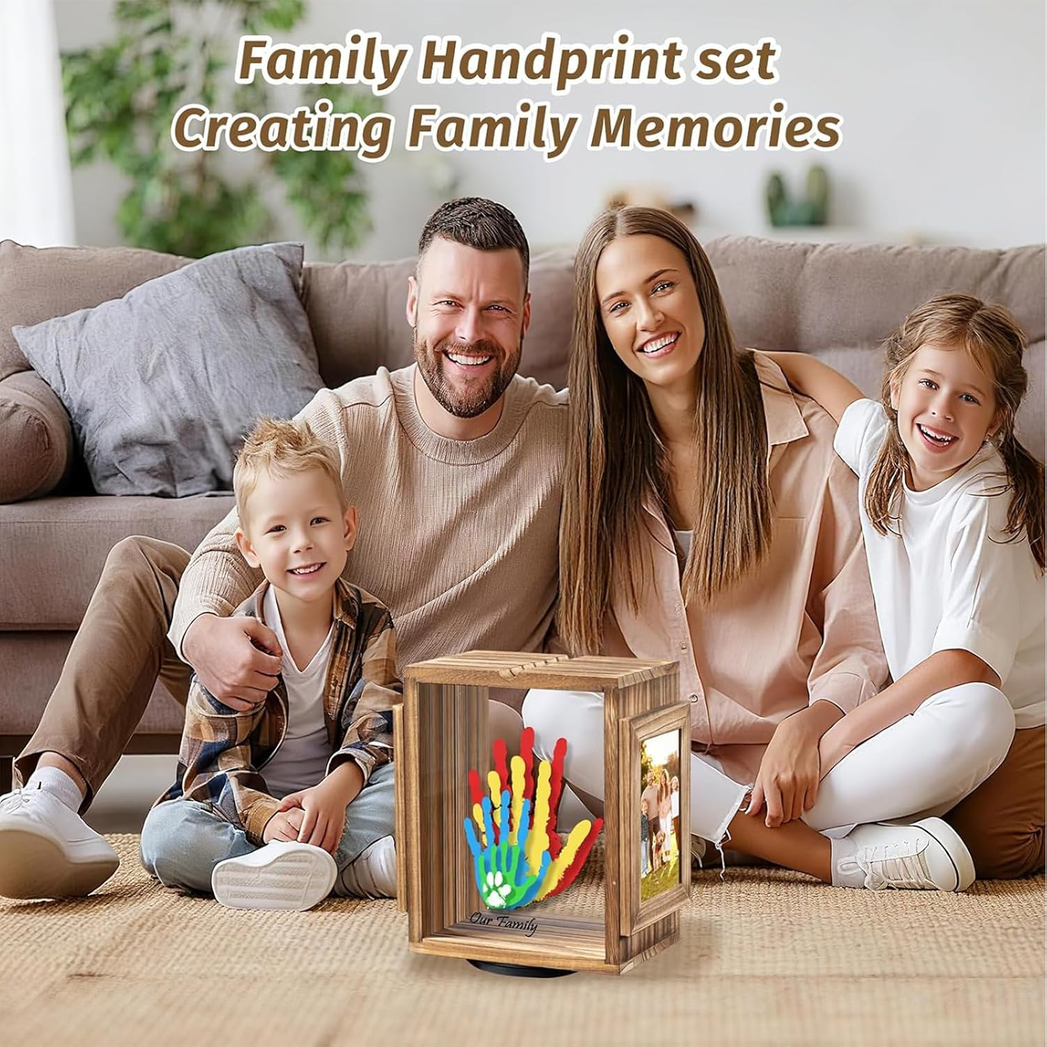 360 Rotating Family Handprint Kit, DIY Craft Keepsake for Baby Footprint Kit, Wooden Frame with 5 Paints Colors & Transparent Sheets, Gifts for Handprint Family Keepsake（Brown） image number 6