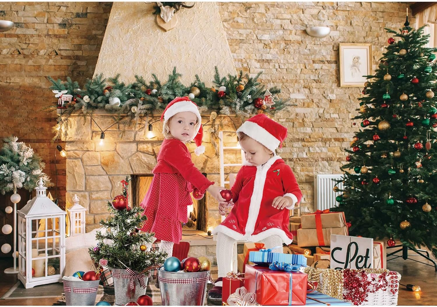 7X5Ft Christmas Fireplace Theme Backdrop for Photography Christmas Tree Decorations for Xmas Party Supplies Background Pictures Banner Photo Studio Decor Booth Props image number 1