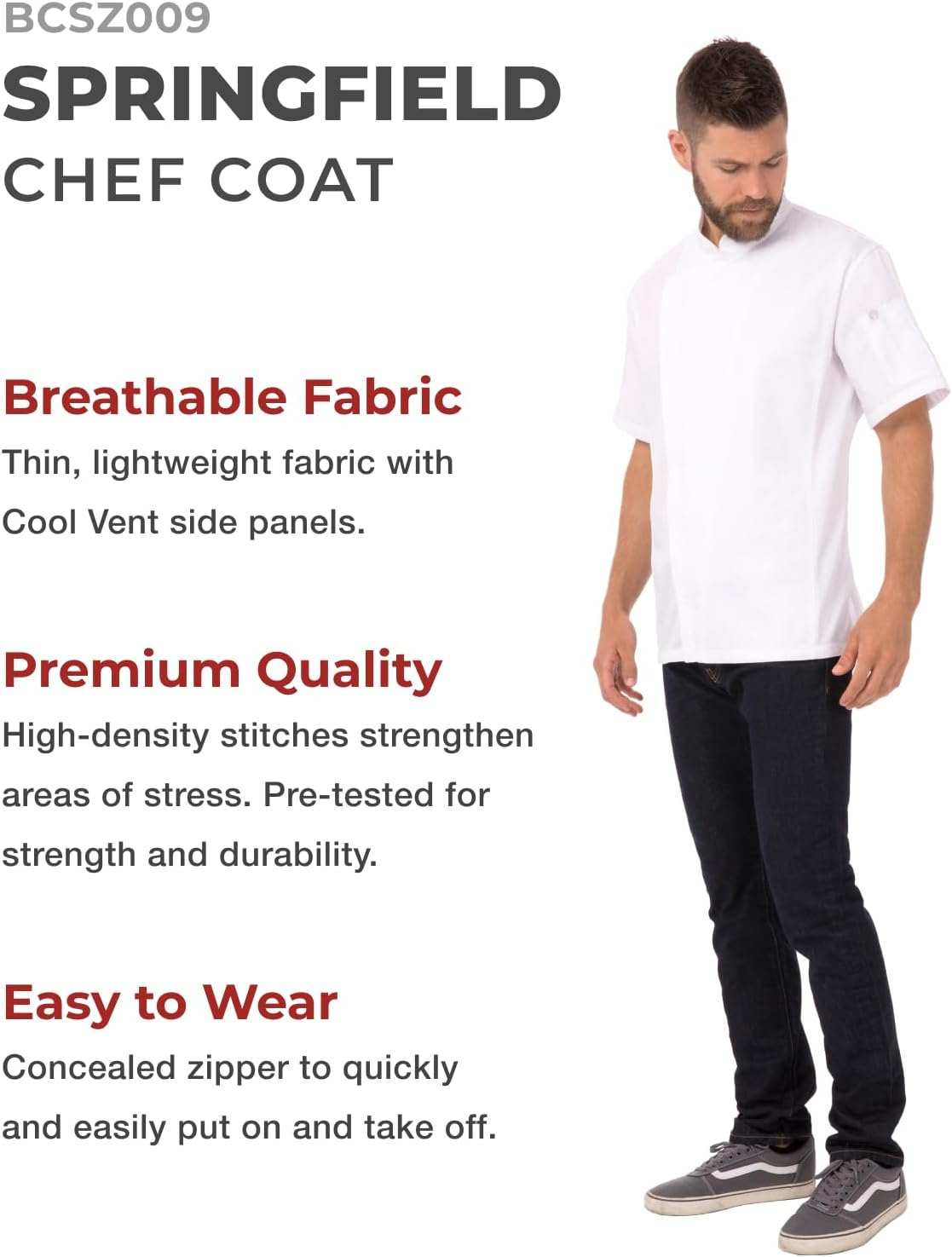 Chef Works Mens Springfield Chef Coat Short Sleeve Chef'S Jacket image number 6