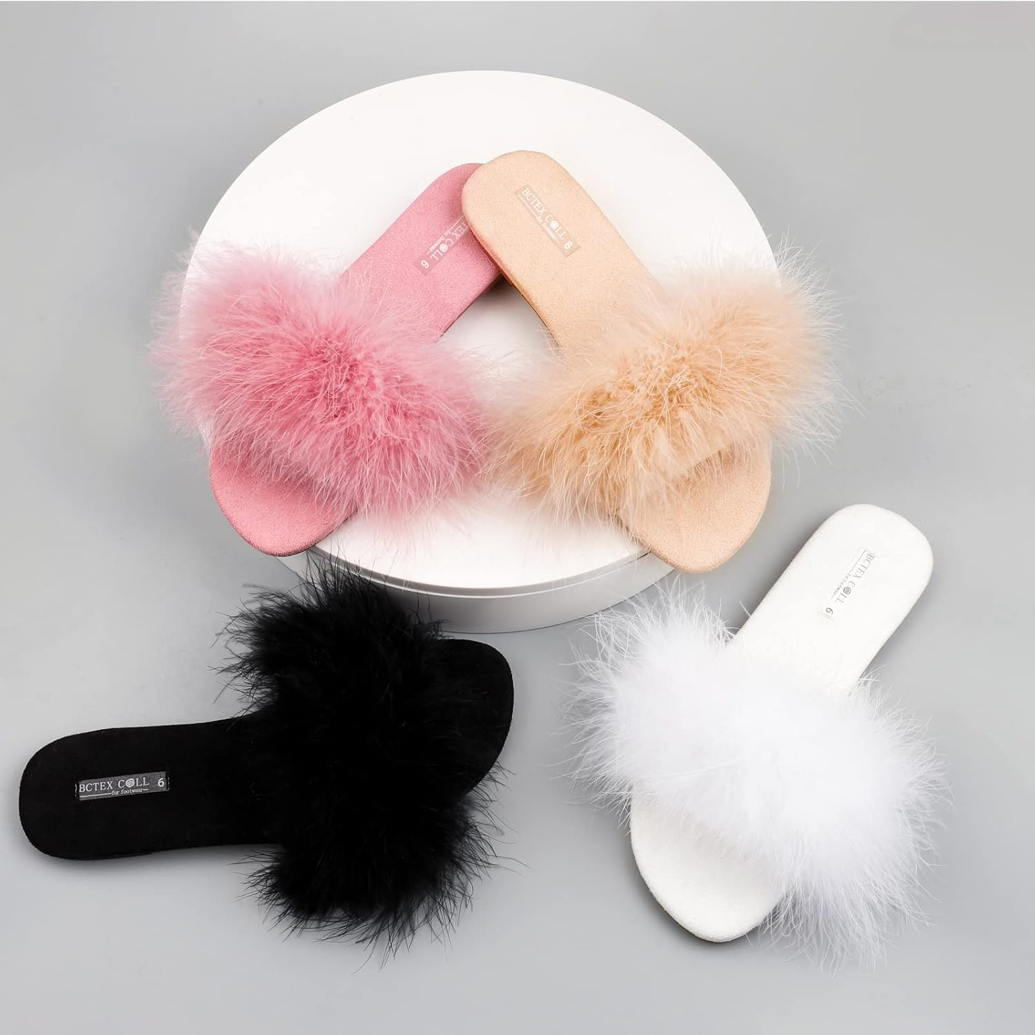 BCTEX COLL Women'S Fuzzy Open Toe Slippers Memory Foam Feather Slides Fluffy Furry Indoor House Sandals