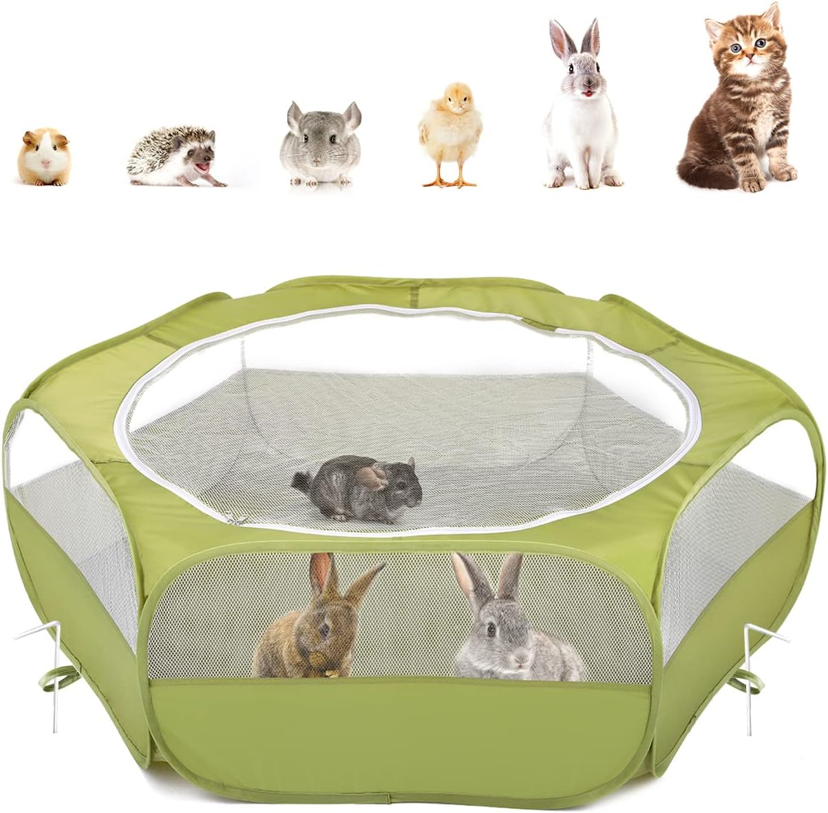 PAWABOO Small Animals Playpen, Breathable & Waterproof Small Pet Cage Tent with Zippered Cover, Portable Outdoor Yard Fence for Kitten/Puppy/Guinea Pig/Rabbits/Hamster/Chinchillas, Avocado Green image number 6