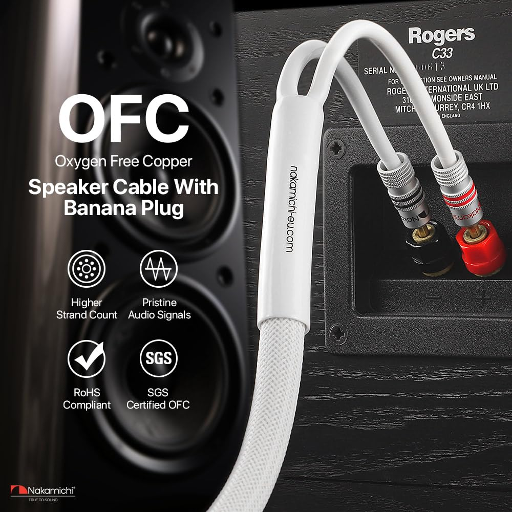 Nakamichi Excel Series 24K Gold Plated Banana Plugs with Speaker Cable Wire 99.9% Oxygen-Free Copper (OFC) Heavy Duty Braided for Amplifier Hi-Fi Home Theatre - White (12 AWG / 10 Feet / 3.0M) image number 6