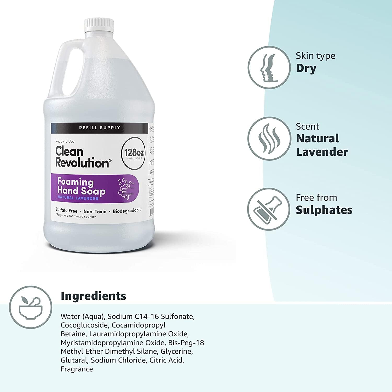 Clean Revolution Foaming Hand Soap Refill Supply Container. Ready to Use Formula. Natural Lavender Fragrance, 128 Fl. Oz image number 1