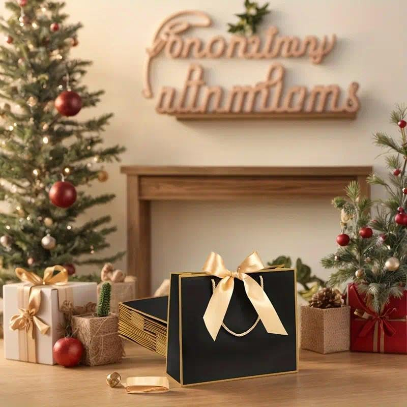 Gift Bags with Handles - Large Black 12 Pack, Wedding & Bags with Gold Ribbon, Elegant Paper Party Bags for Luxury Gift Packaging Bulk, Australia image number 1