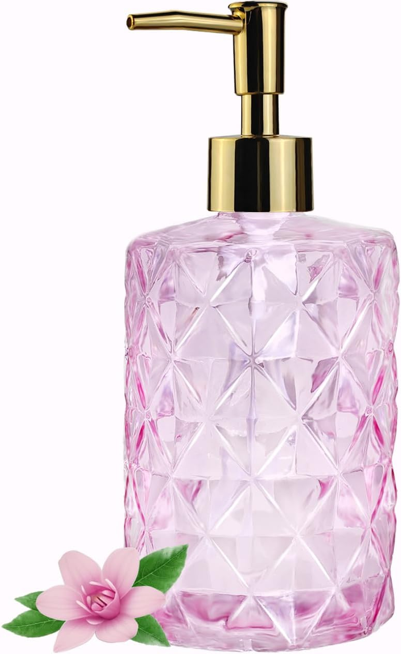 Pink Glass Hand Soap Dispenser with Gold Plastic Pump, Liquid Lotion Dispenser for Bathroom, Dish Dispenser Bottle for Kitchen Sink image number 4