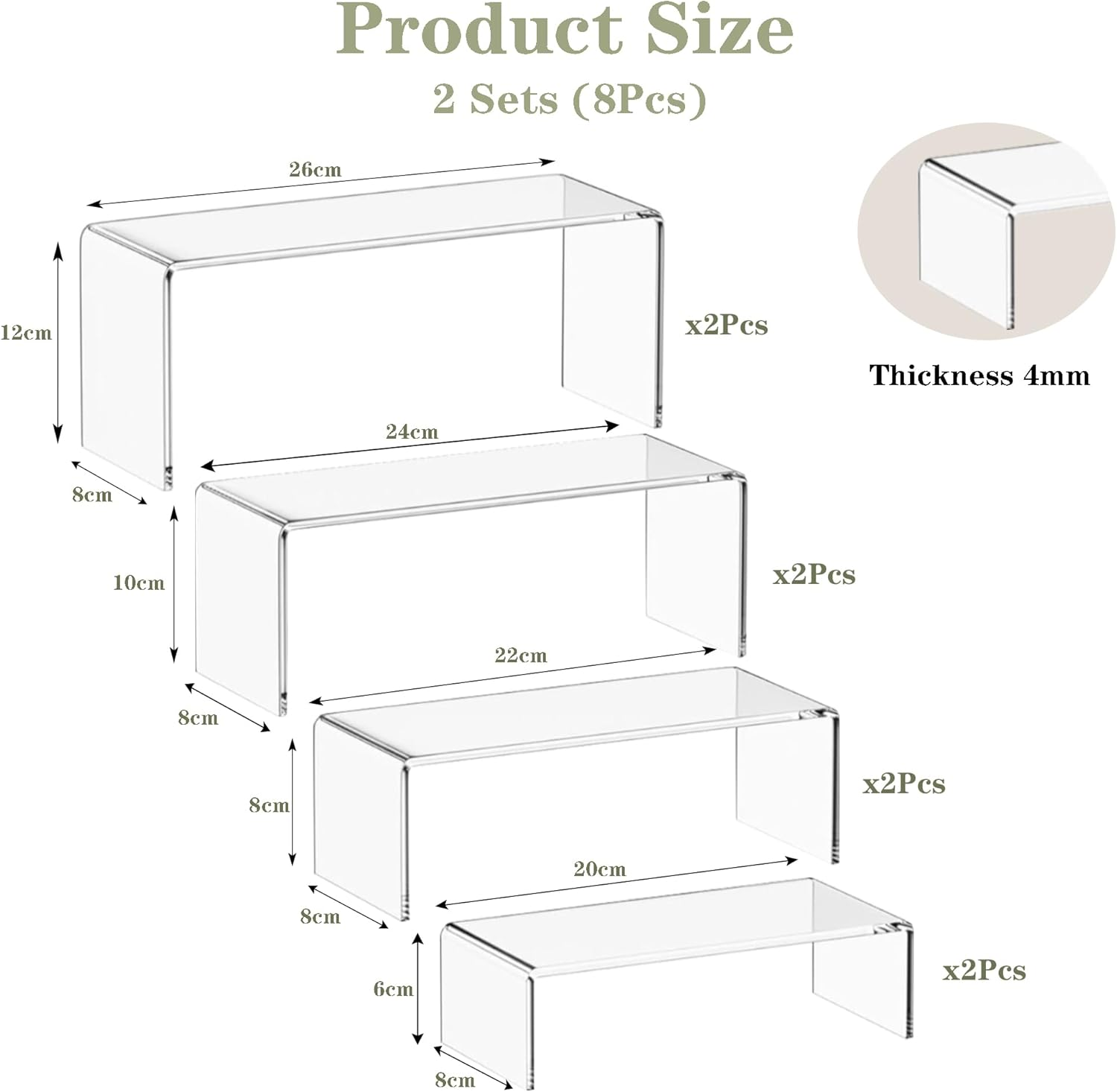 8-Pcs Clear Acrylic Risers, 4Mm Thick Rectangular Display Stands for Cupcakes, Jewelry, Candles, Toys, Perfume, Funko Pops, Desserts & More - 4 Sets Showcase for Action Figures & Makeup image number 4