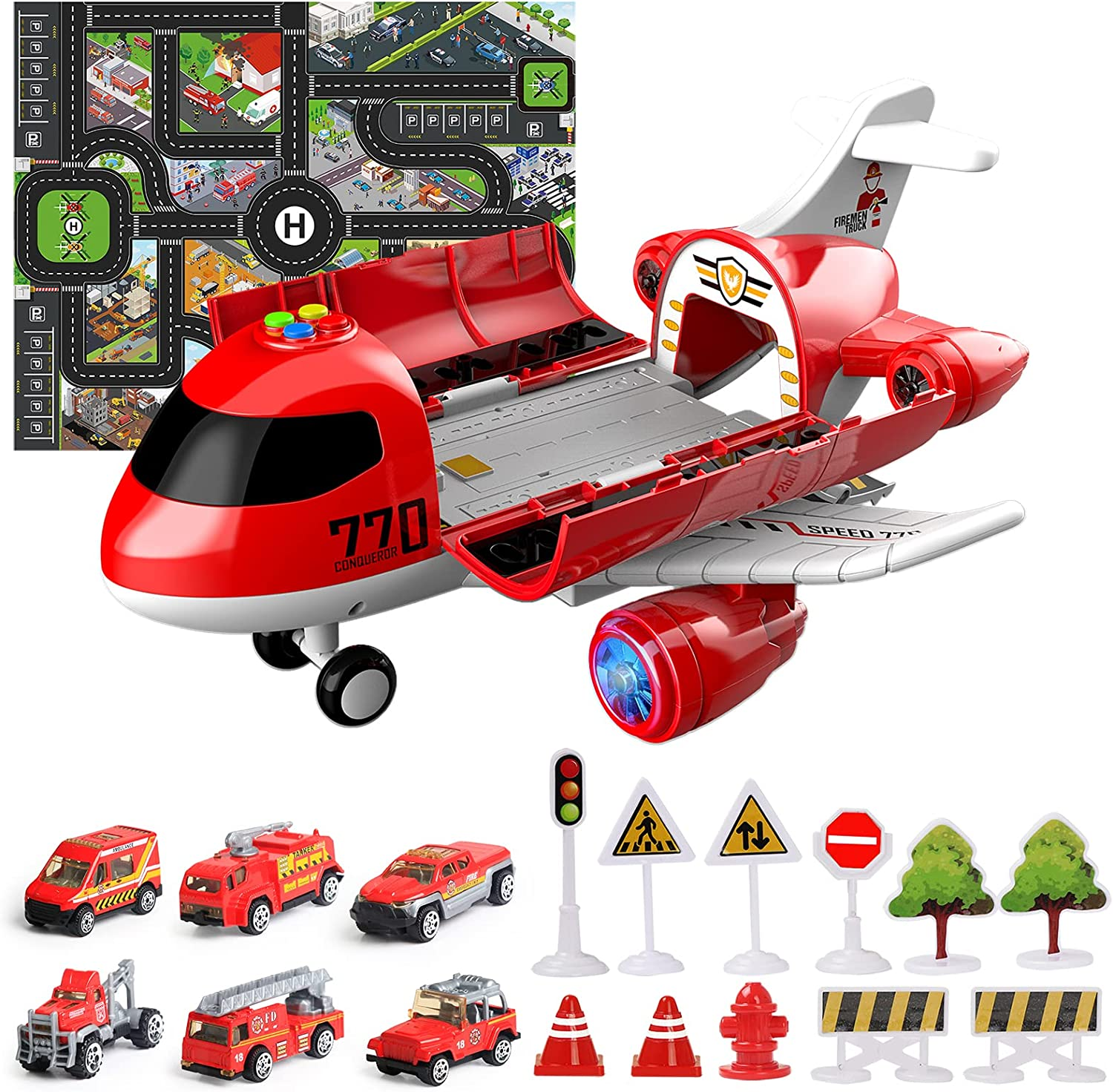 Hapavis Airplane Toys with Light and Sound Fire Trucks Set Transport Cargo Airplane Car Toy Play Set with Vehicle Car Toy image number 6