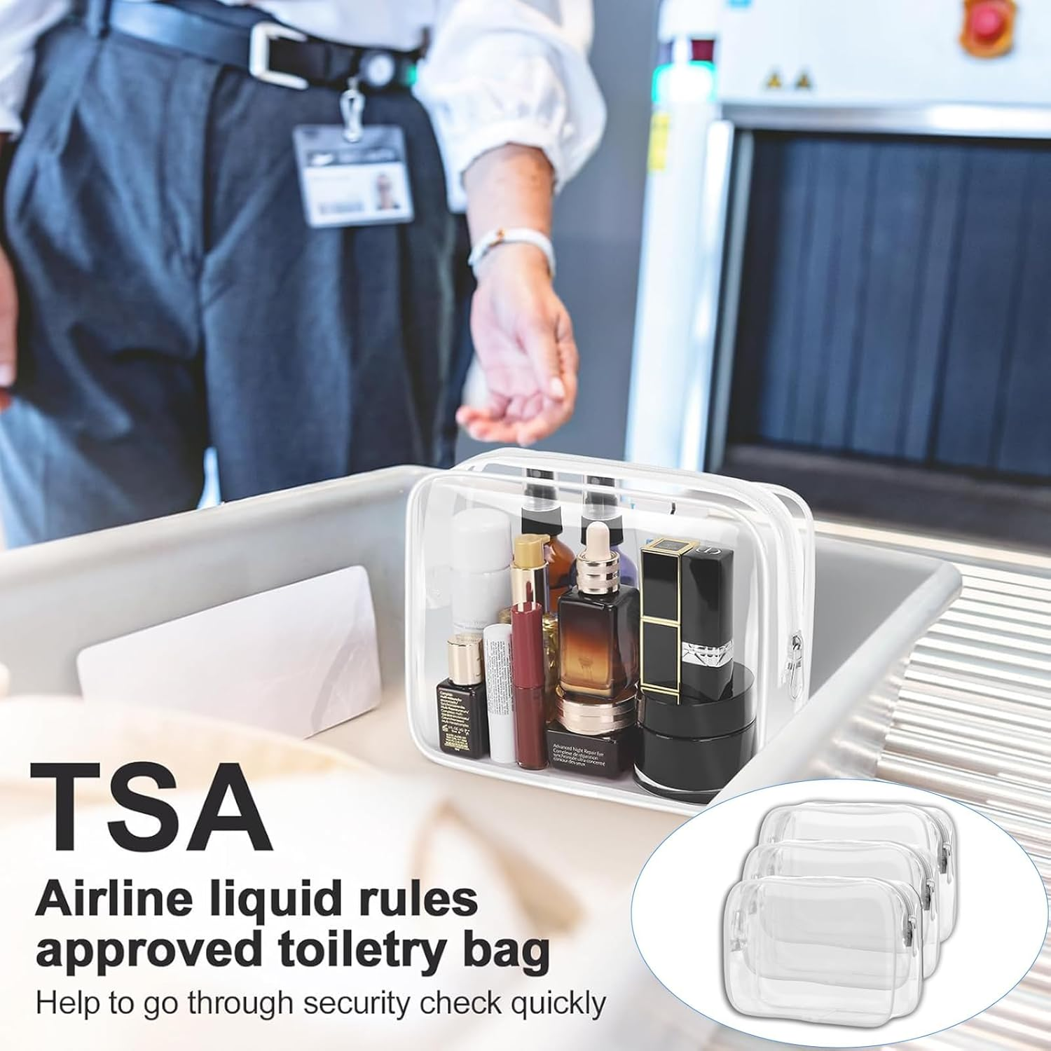 Clear Toiletry Bag, 3 Pack Large White Transparent Travel Toiletry Bags for Airport Security, Gym Organisation, Daily Cosmetic Storage image number 5