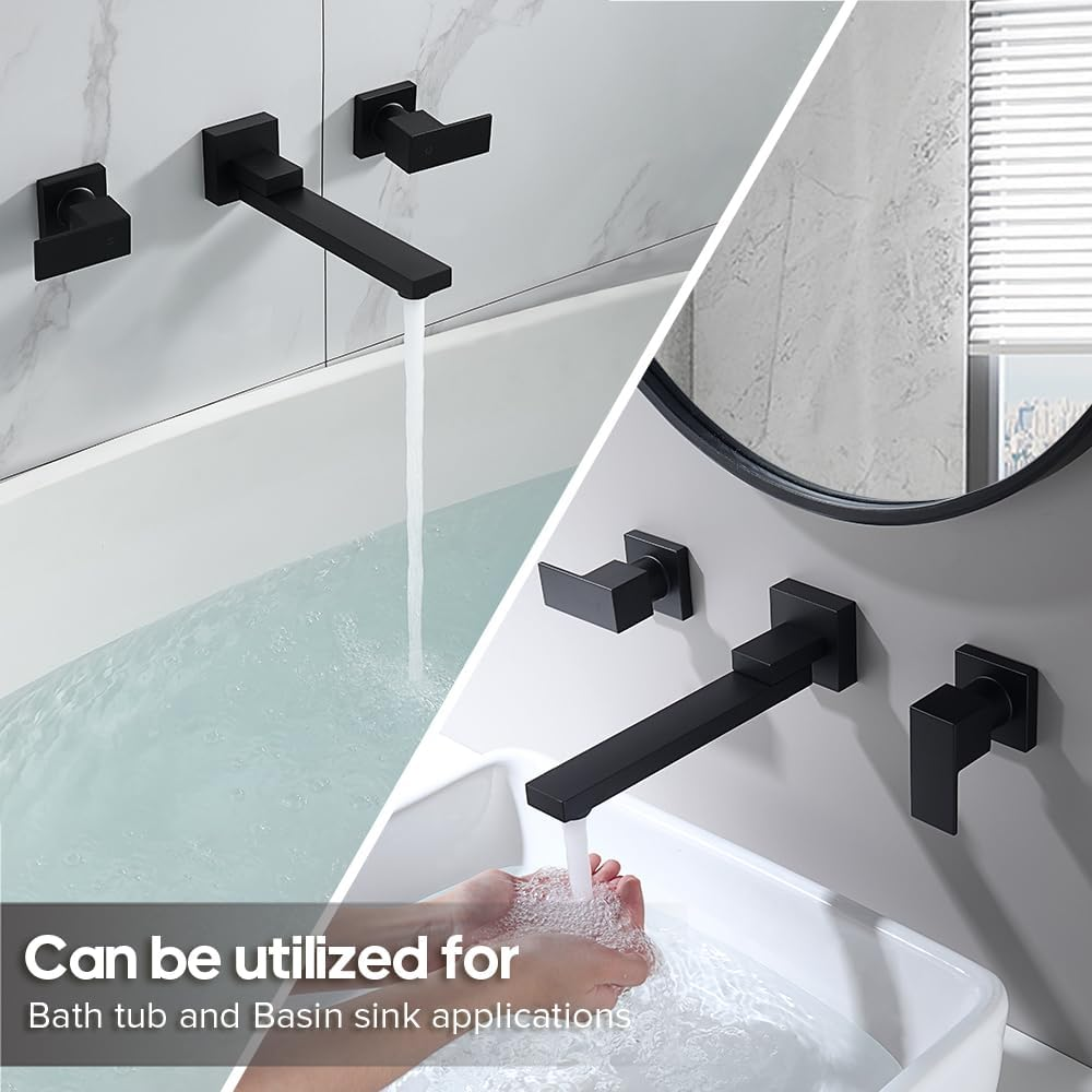 Decaura Bathroom Wall Sink Tap Set Basin Square Bath Swivel Spout Vanity Spa Bathtub Water Outlet with 1/4 Turn Twin Tap Faucet Brass (Matt Black)