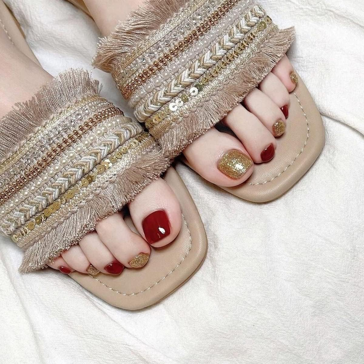 French Tips Press on Toenails White Square Toe Nails Tips Rhinestone Full Cover Glue on Toe Nails Nude Pink Toe Nails Fake Nails Summer False Toe Static Nails for Women 24Pcs