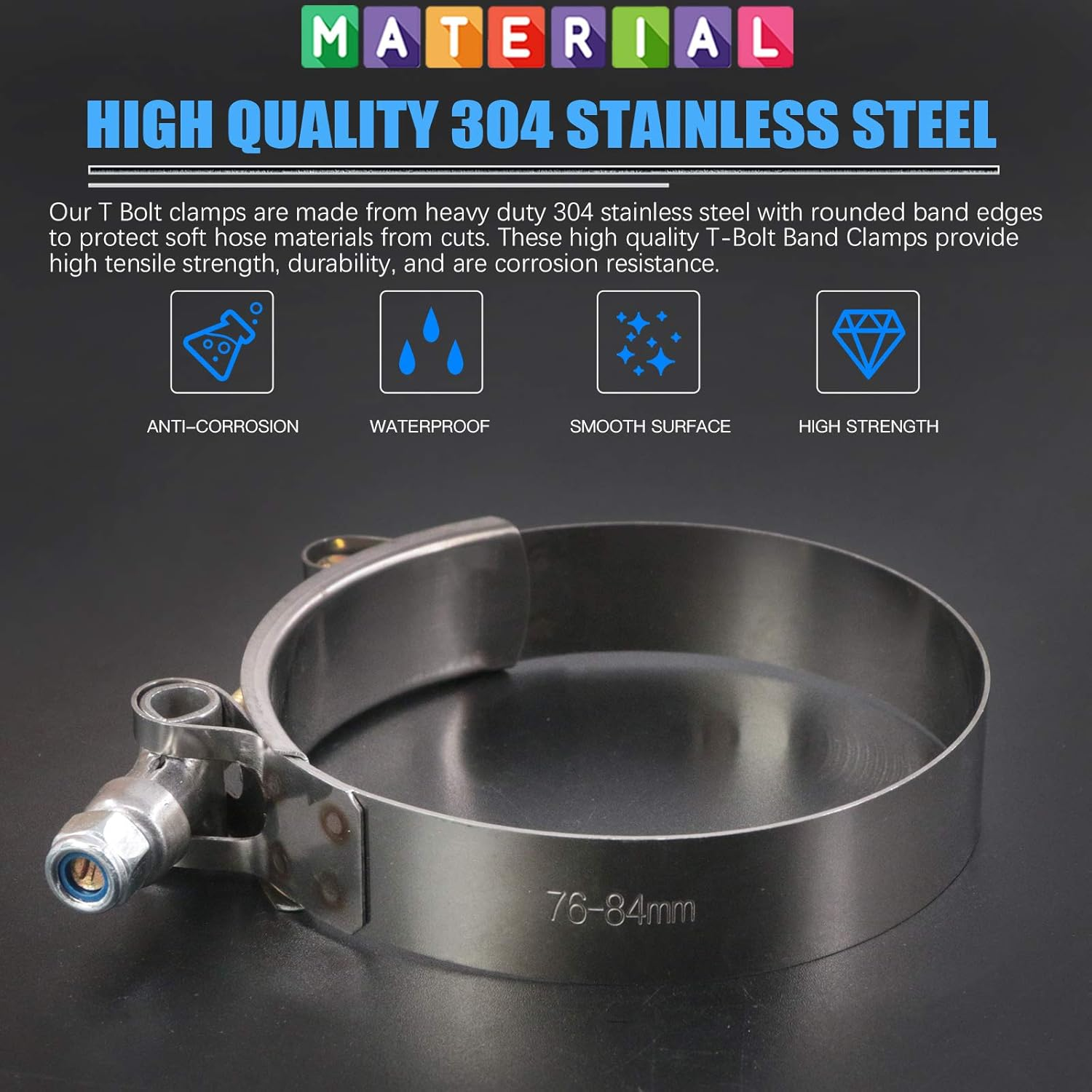 Glarks 12Pcs 76-84Mm Stainless Steel T-Bolt Hose Clamps Turbo Intake Soft Hose Intercooler Clamps