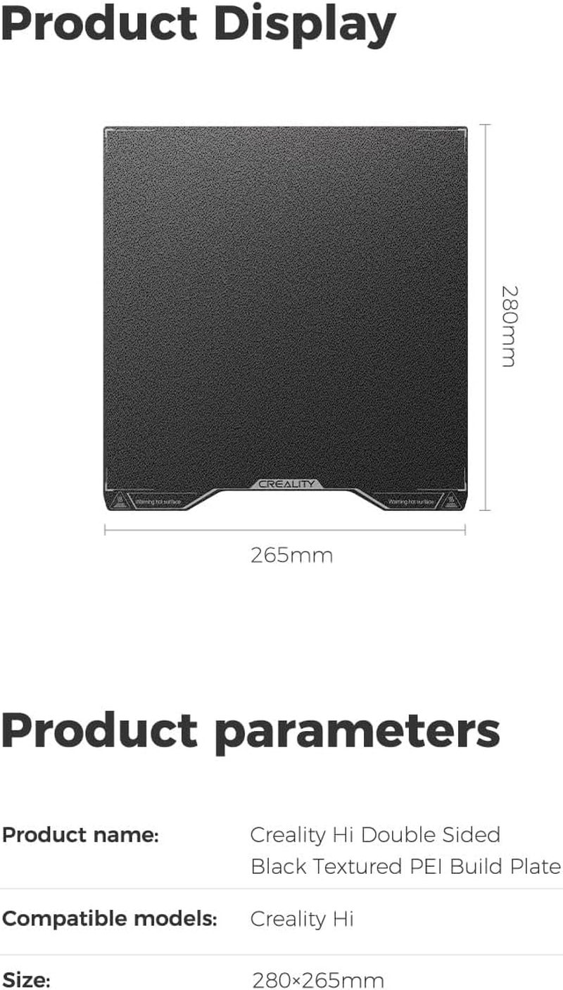 Creality Hi Double Sided Black Textured PEI Build Plate (280 * 265Mm), without Magnetic Flexible Steel Plate, Strong Adhesion, Excellent Flatness, 3D Printer Platform for Creality Hi - Cfs Feed  Return Kit image number 4