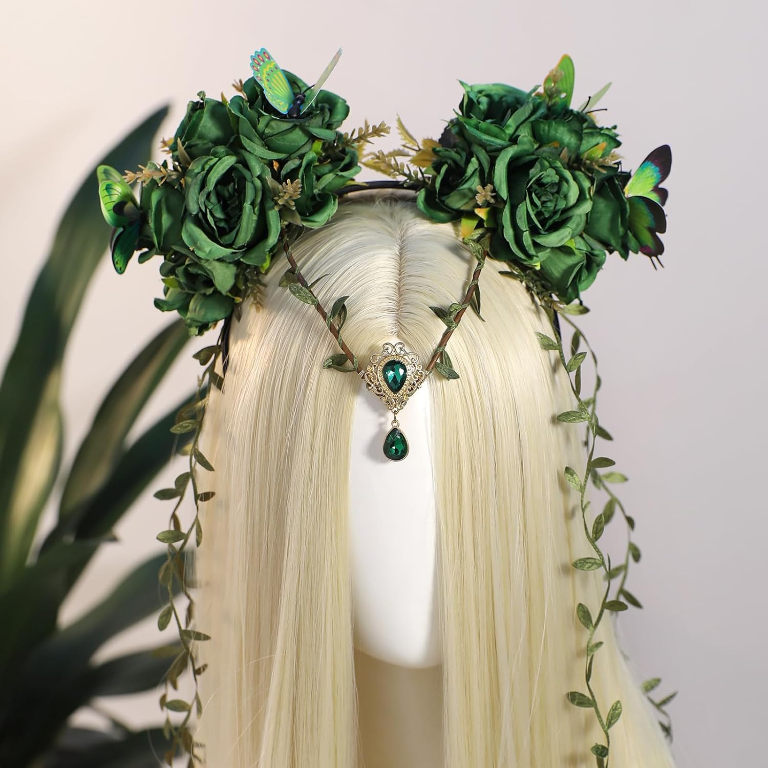 MOSTORY Green Fairy Blossom Headdress Elf Crown Floral Forest Headband with Butterfly Fairy Costume for Women Renaissance Renfaire Halloween Cosplay Fantasy Accessories image number 1