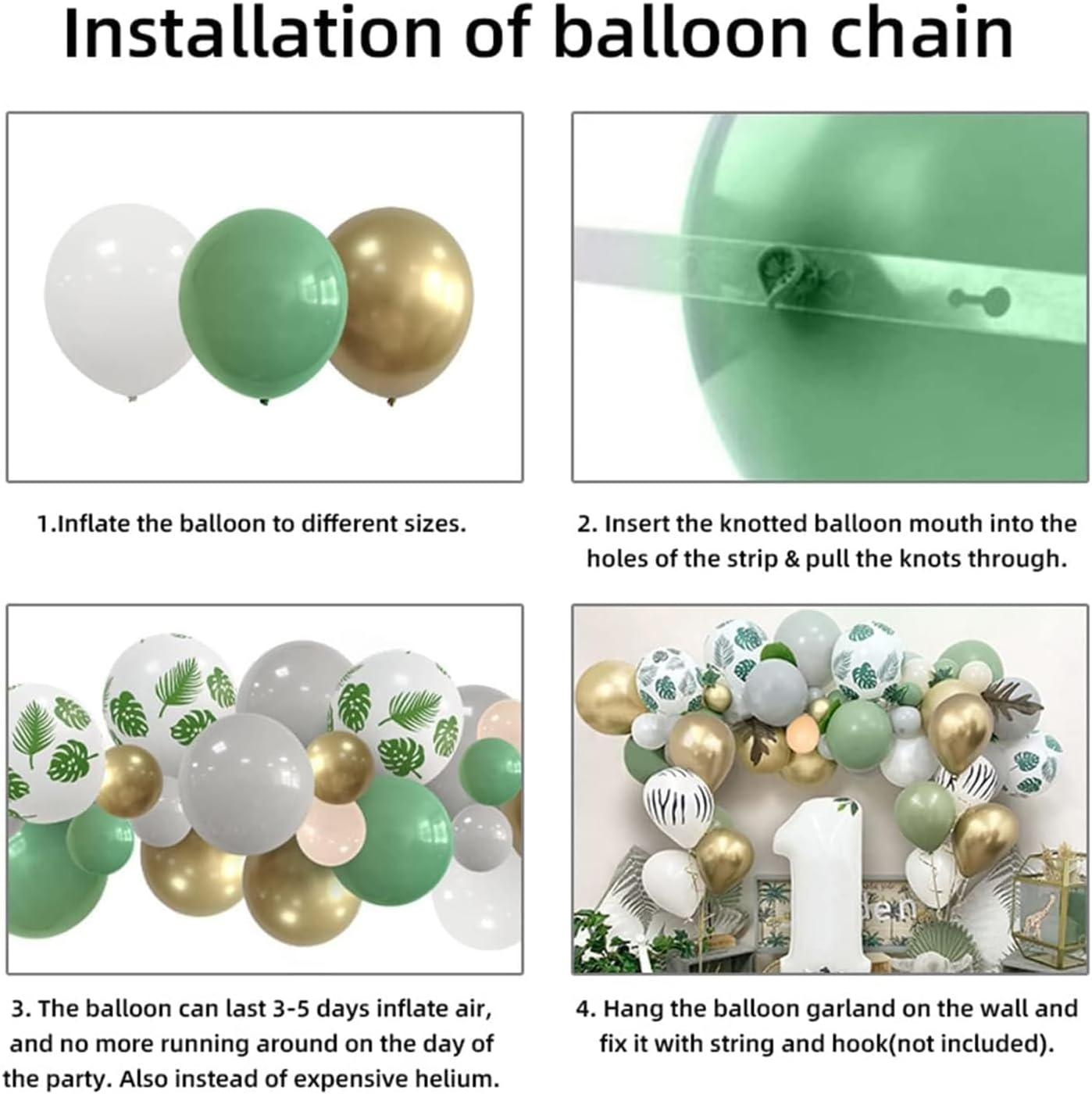 Jungle Safari Balloons Garland Kit Jungle Safari Party Supplies,1St Birthday Party Decorations Supplies,Green White Gold Balloon Arch Kit for Birthday Party Decorations. image number 3