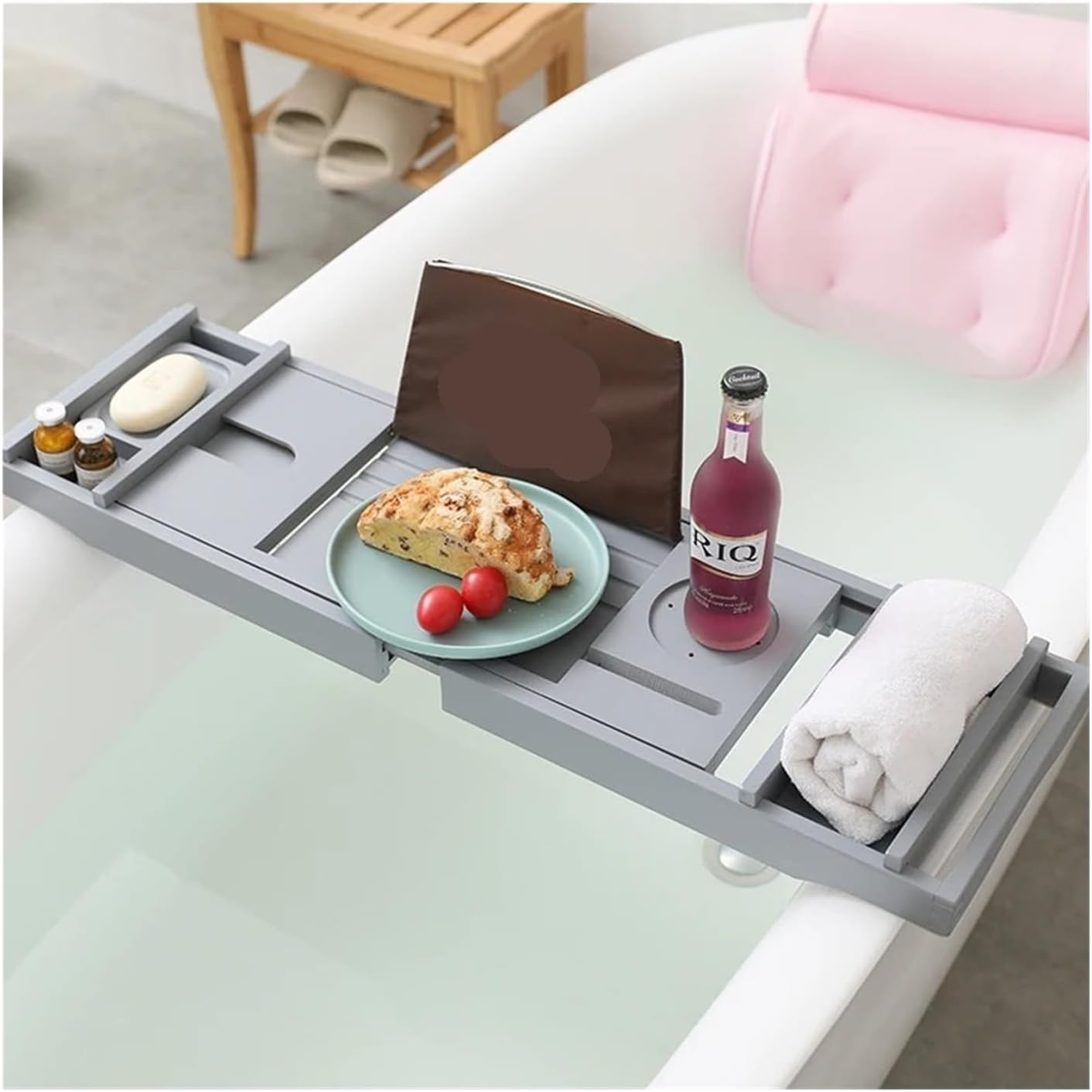 Nordic Extendable Bamboo Bathtub Tray Premium Bath Caddy Organizer with Adjustable Shelf Stylish Spa Storage Board for Hotel(Gray) - Brown image number 5