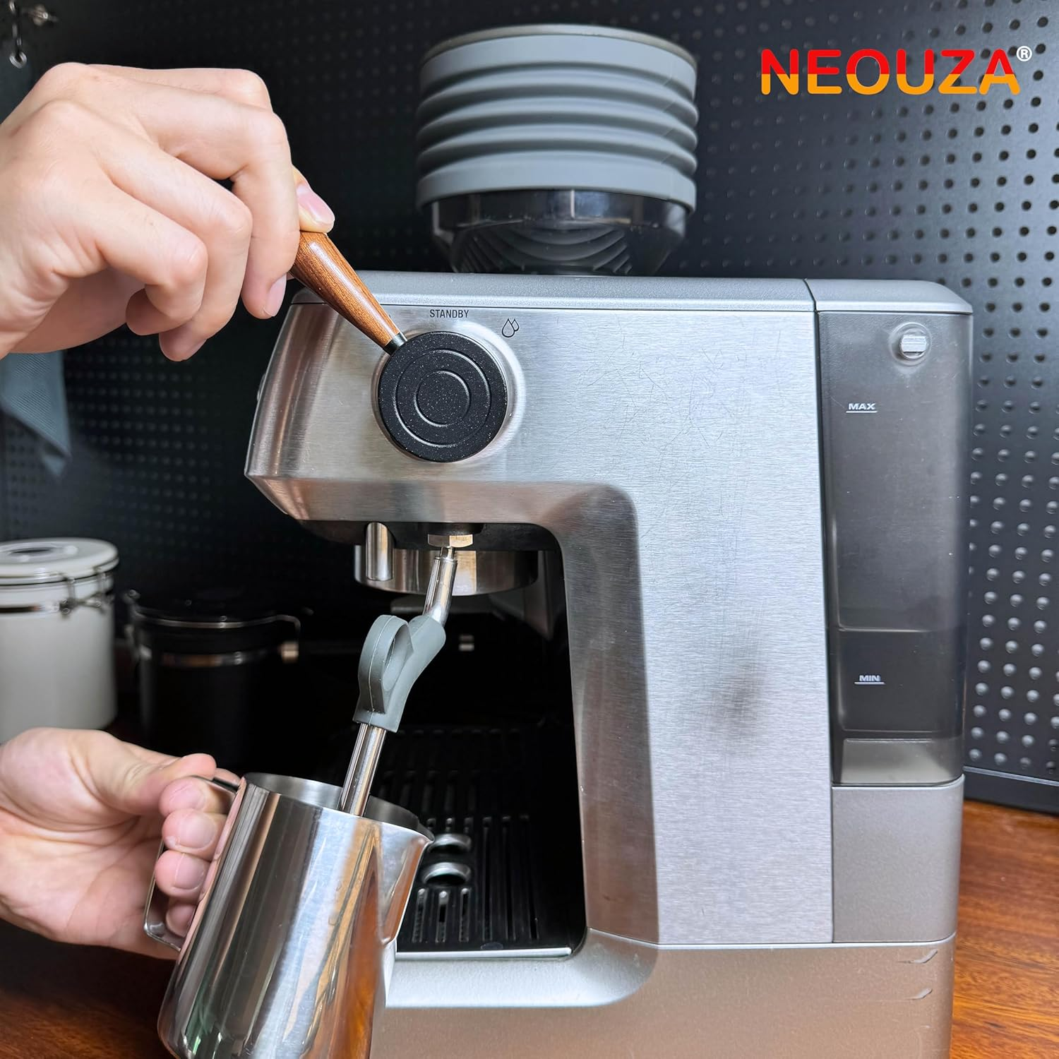 NEOUZA Espresso Machine Upgraded Steam Lever Compatible with Breville Sage Barista Expresso BES870XL BES875 BES876, Aluminum, Wood Handle (Silver) image number 6