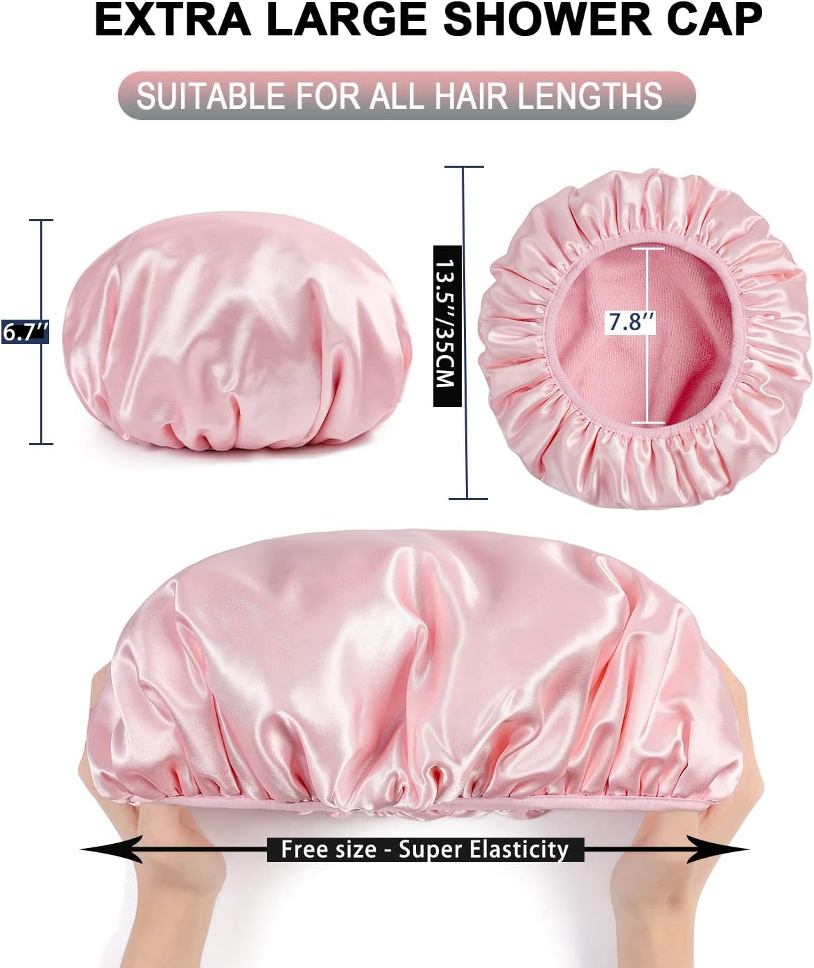 YIZIJIZI Terry Lined Shower Cap,Triple Layer Large Cap for Women,Shower Cap Reusable Waterproof,Long Thick Hair(Pink) - Gray image number 6