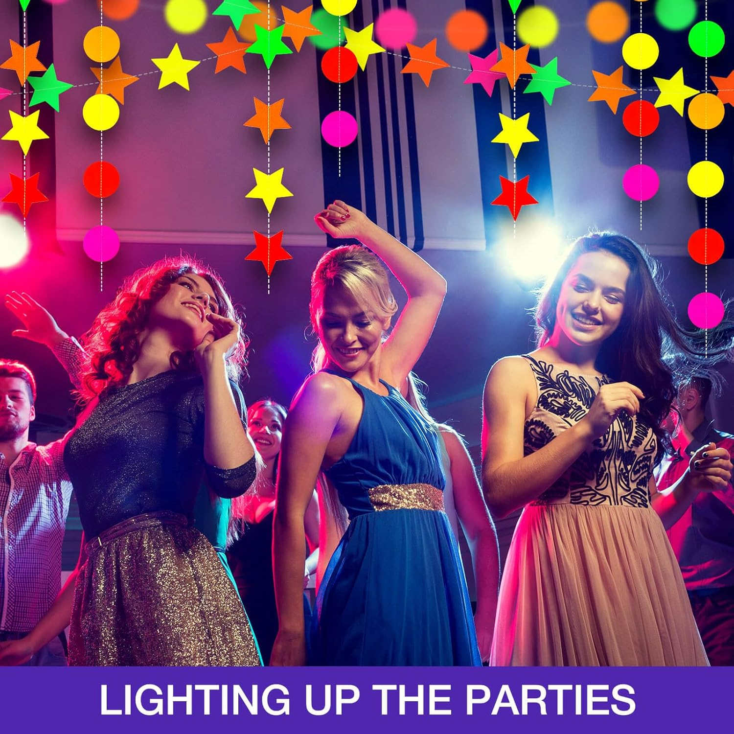 Dayker UV Neon round Garland, Star Paper Neon Streamers Banner, Reusable Blacklight Fluorescent Decorations Glow in the Dark Party, UV Reactive for Party Supplies Wedding Birthday Decor, Total 32.49Ft