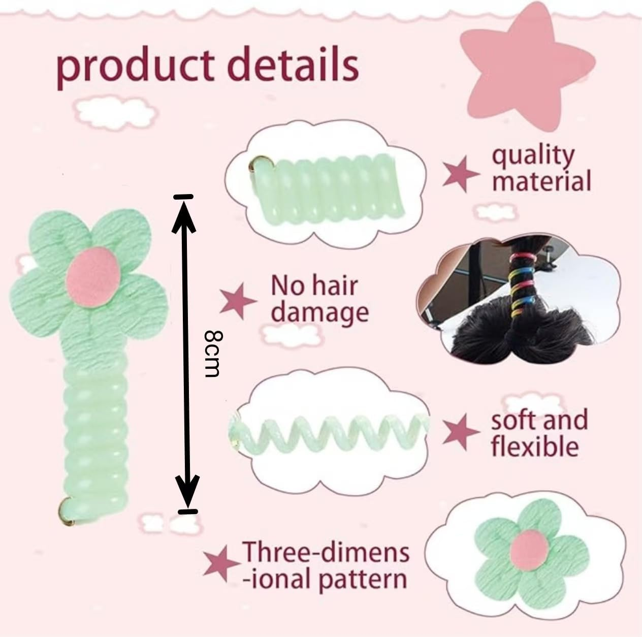 Colorful Flower Braided Phone Cord Hair Bands, 10Pcs Colorful Telephone Wire Hair Band Phone Cord Hair Bands,Colorful Telephone Wire Hair Band Spiral Hair Bands,Colorful Telephone Wire Hair Bands image number 4