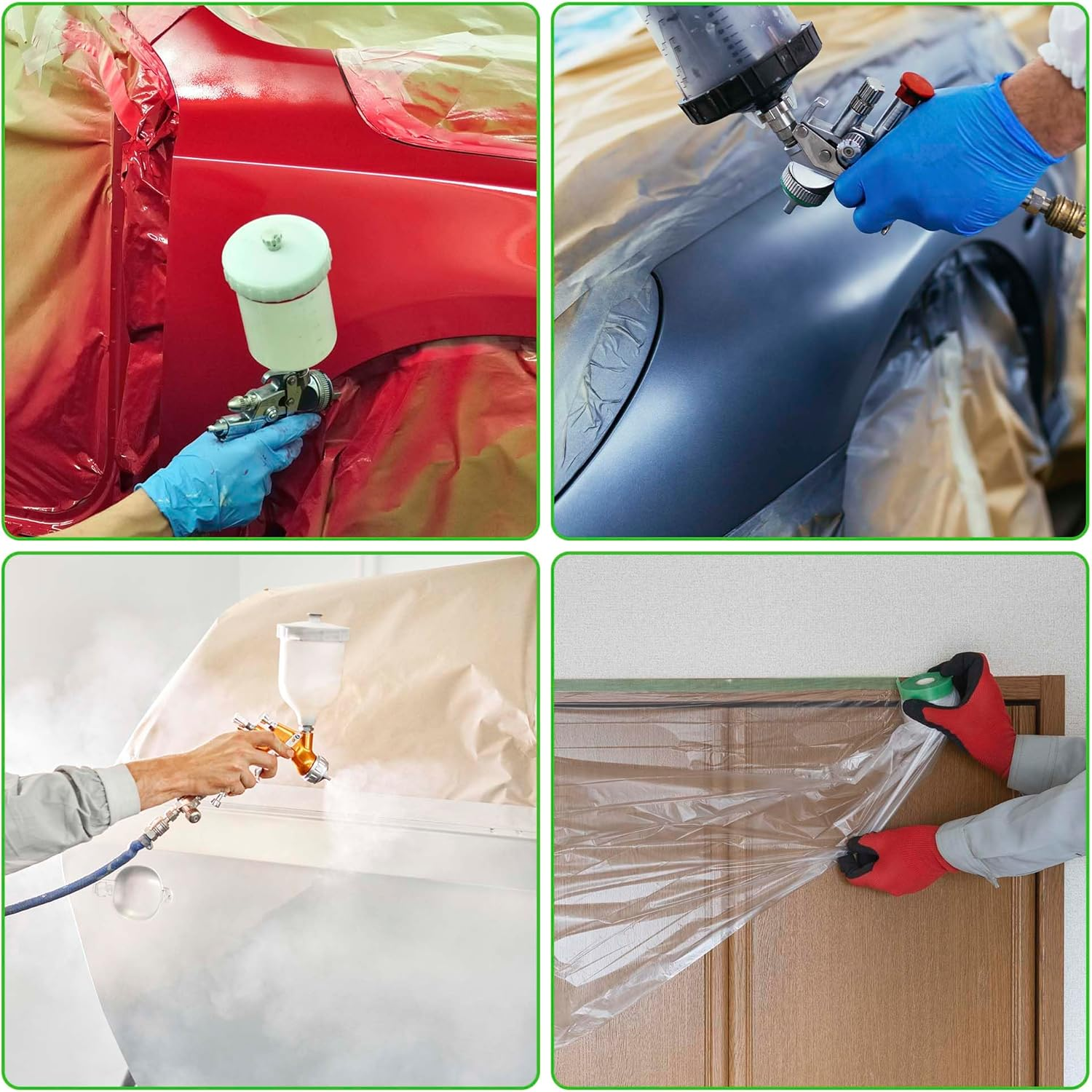 X AUTOHAUX Pre-Taped Masking Film Plastic Cover PE Film Natural Fiber Material 1 Pc 2500X110Cm / 82.02Ftx43.31" White Green image number 5