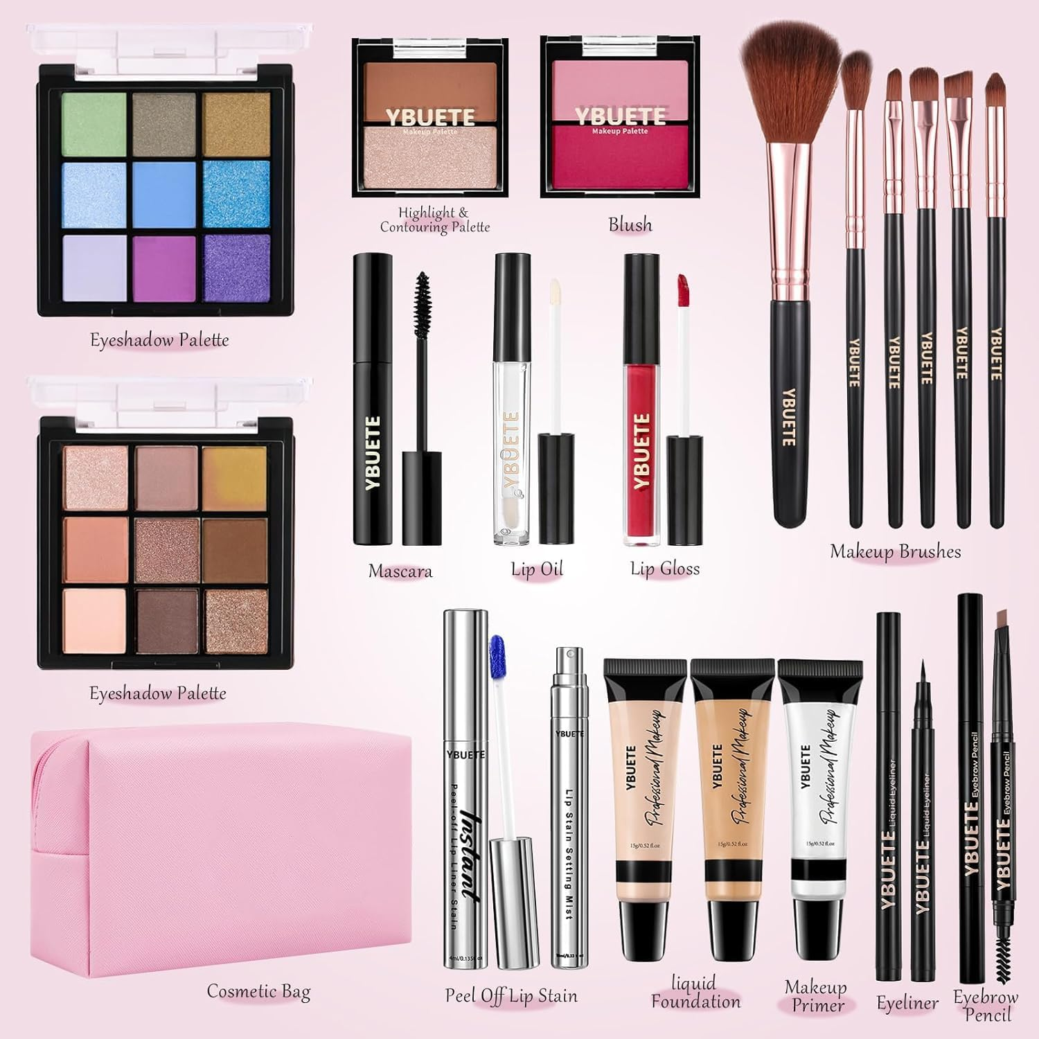 YBUETE Makeup Full Kit for Beginners Girls Women, Travel Makeup Set Present for Her,Cosmetic Set Include Eyeshadow Blush Lip Gloss Peel off Lip Stain Eyeliner Mascara Eyebrow Pencil Cosmetic Bag - Multi-Colored image number 5