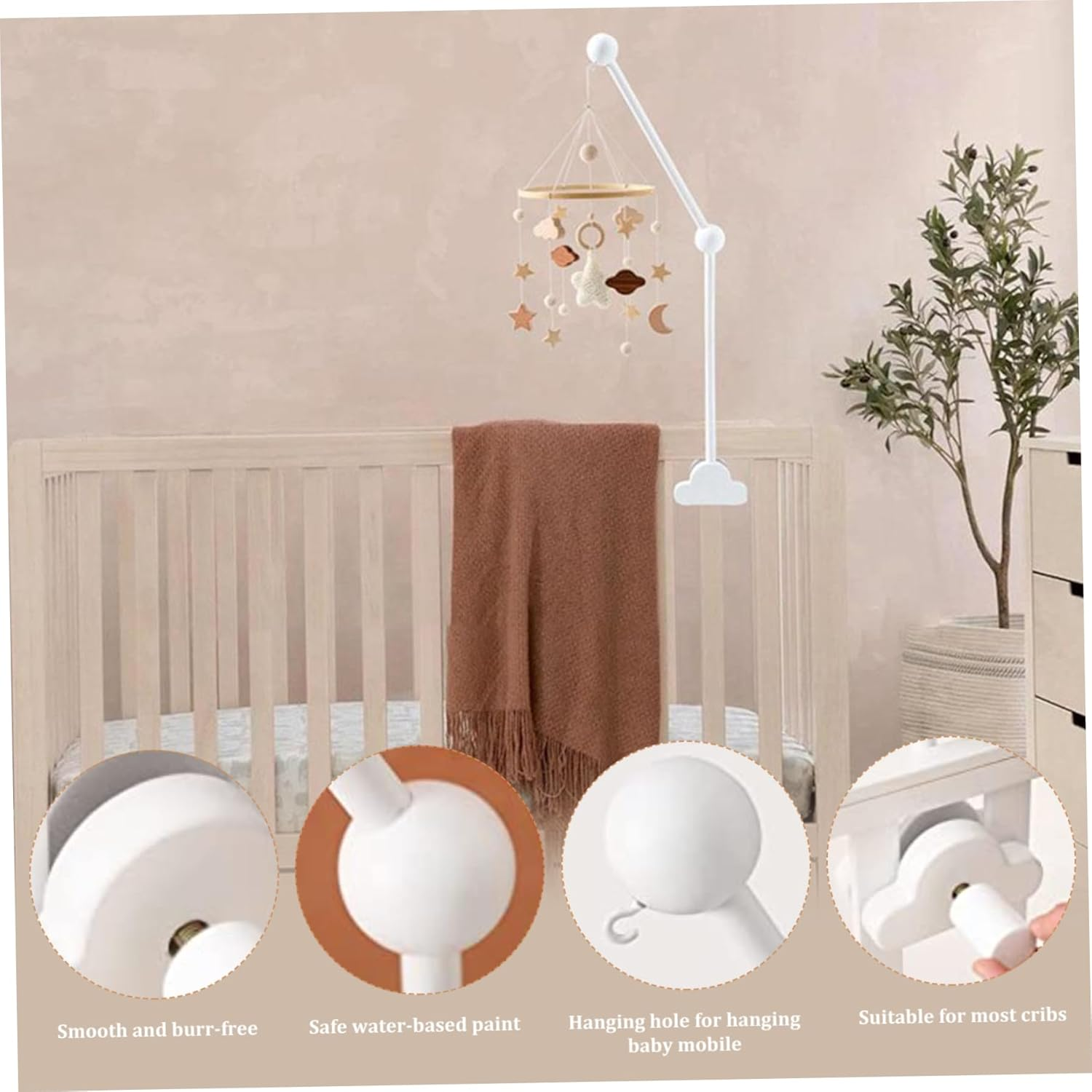 Baby Cot Mobile Arm Baby Crib Mobile Arm Wooden Cloud Design Detachable Adjustable Holder Cute Cot Bed Bell Wind Chimes Hanger Bracket image number 1