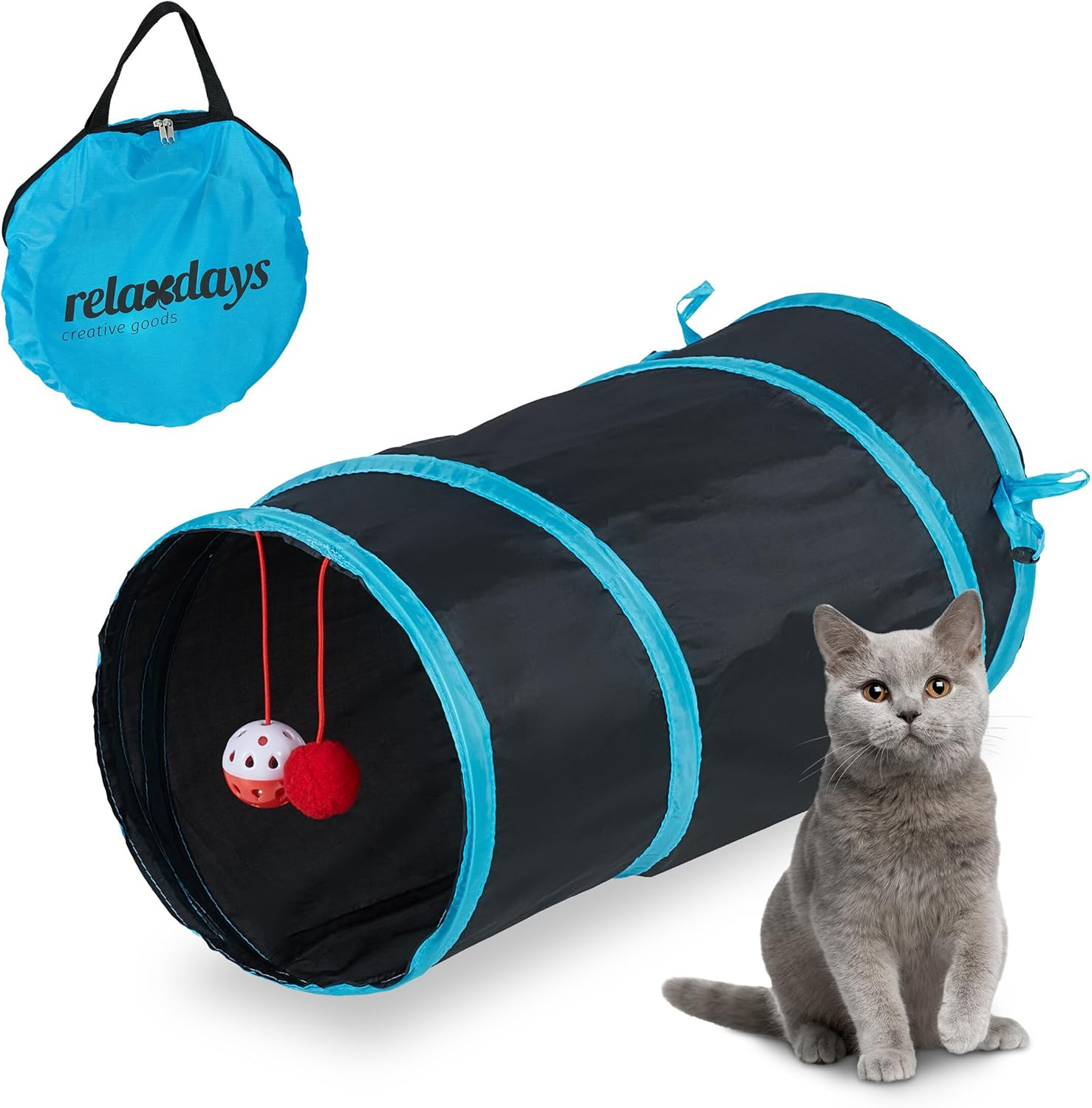 Relaxdays Cat Tunnel Foldable W X D: Approx. 48 X 26 Cm, Cat Tube with Toy and Bag, Interactive Play Tunnel, Grey