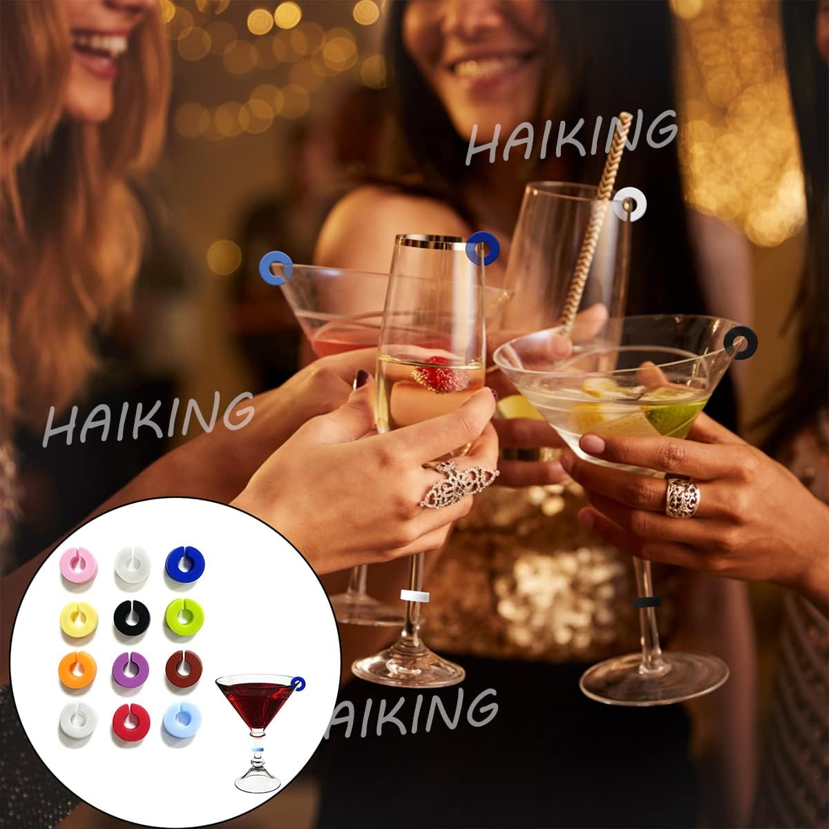 HAIKING Silicone Wine Glass Charms Markers, 12 Pieces Drink Markers for Glasses for Cocktails, Champagne, Martinis, Wine Glasses (12 Colors) image number 2
