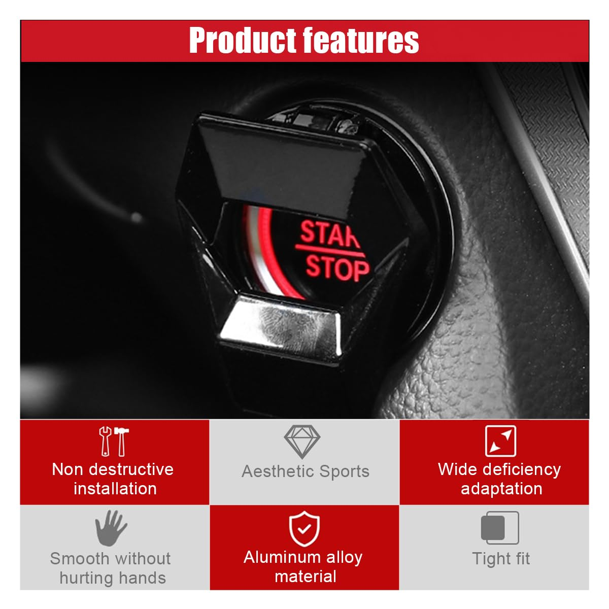 Car Engine Start/Stop Button Cover, Zinc Alloy Car Push Button Start Cover Car Power Control Trim, Universal Key Ignition Switch Protective Cover for Cars, Suvs (Black) image number 1