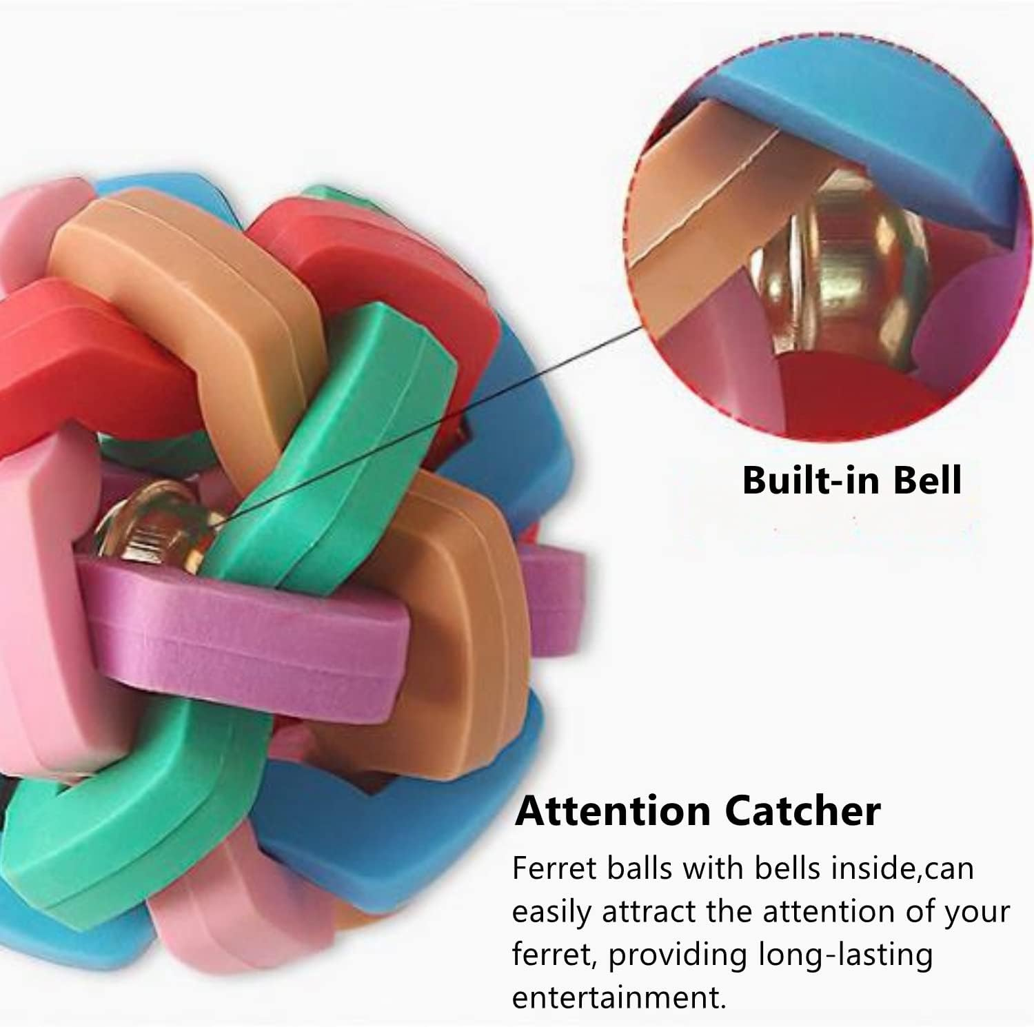 3 Pack Bouncy Rubber Balls - Colorful Wiggle Balls with Built-In Bell for Ferret Teeth Grinding, Interactive Sound Toy, Exercise & Scratch Chew Toys for Indoor Pet Cat Dog image number 1