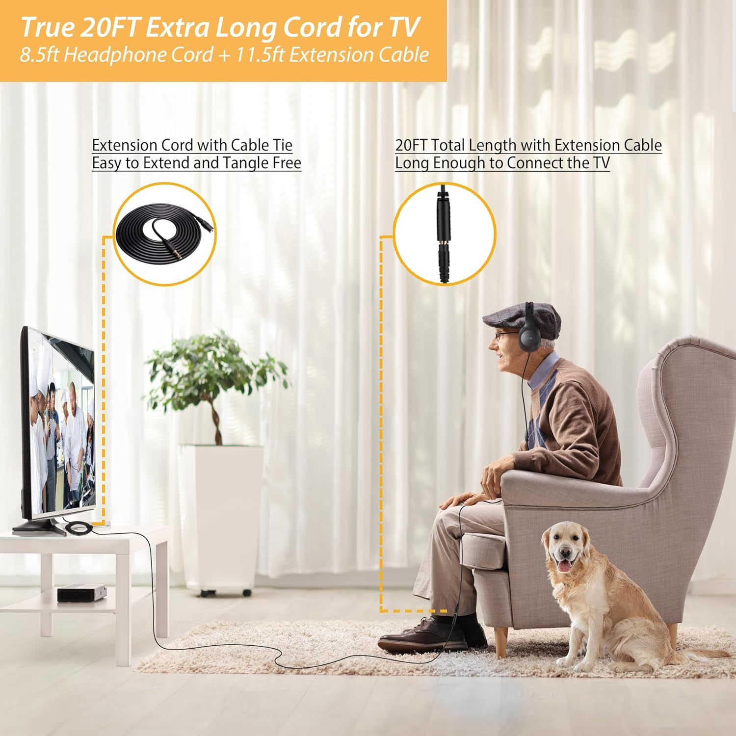 DUNGZDUZ 20Ft Extra Long Cord Headphones for TV & PC with Volume Control, Wired TV Headset with Extension Cable, 3.5Mm Aux Jack with USB & RCA Adapters for More Tvs, Senior Friendly image number 5
