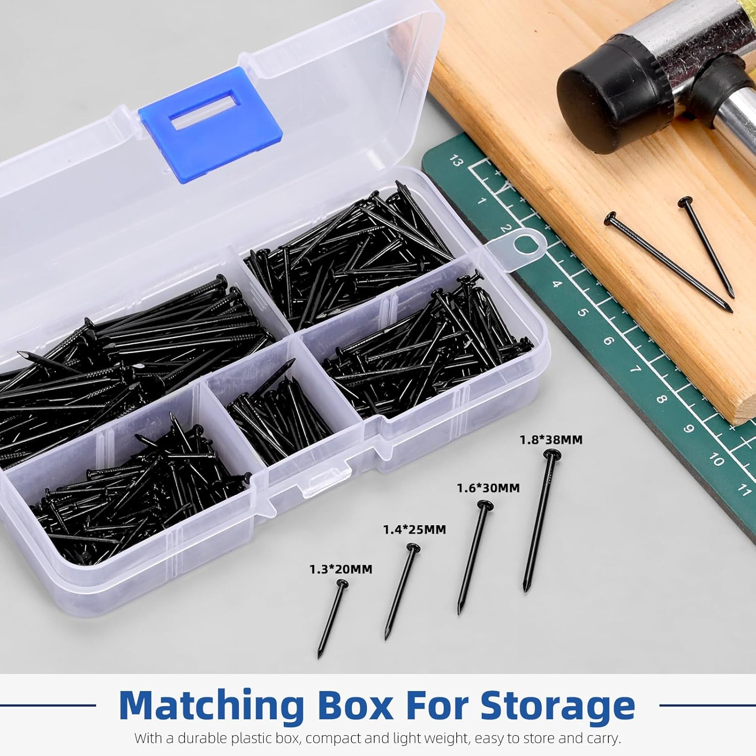 Glarks 500Pcs 20/25/30/38Mm Length Nail Assortment Kit, Black Hanging Nails, Finishing Nails, Wall Nails, Wood Nails, Common Nails, Hardware Nails for Picture Wall Hanging