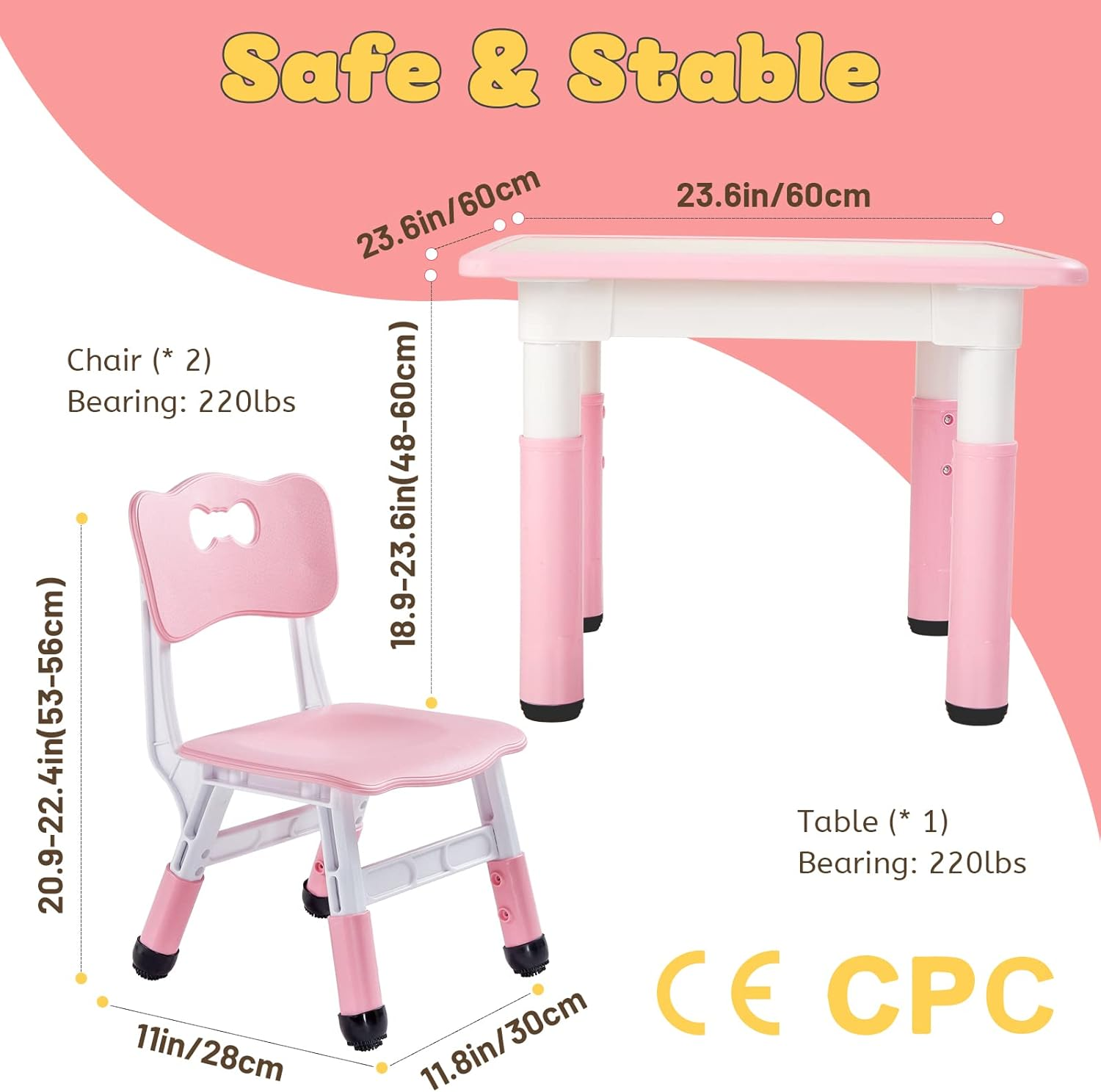 FUNLIO Kids Table and 2 Chairs Set, Height Adjustable Toddler Table and Chair Set for Ages 3-8, Easy to Wipe Arts & Crafts Table, for Classrooms/Daycares/Homes, CPC & CE Approved (3Pcs Set) - Pink image number 1