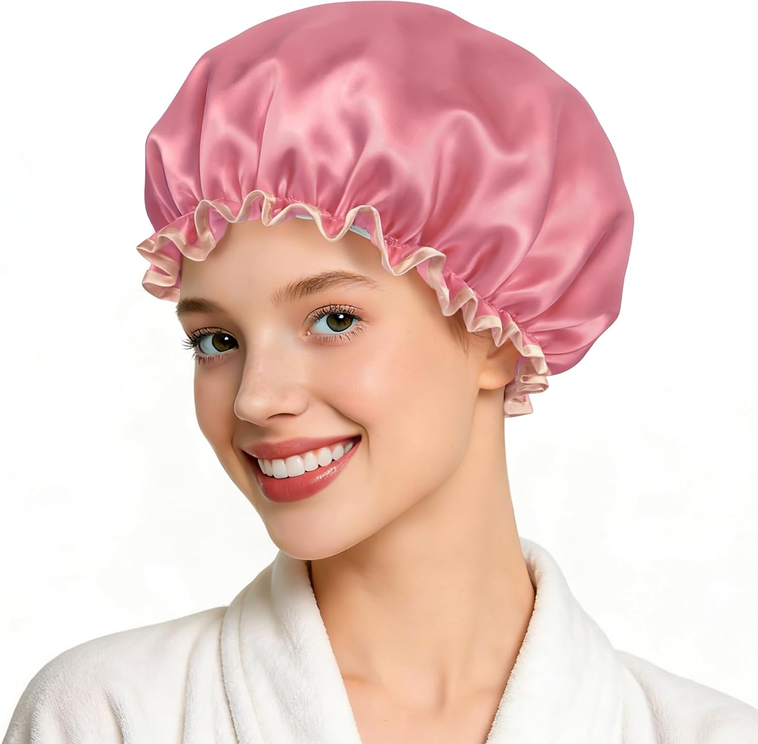 Double Layer Waterproof Shower Cap with Elastic Band, Reusable Bath Cap for Women -Large Waterproof Plastic Shower Hat for Long, Short and Curly Hairs Spa Salon (Champagne)
