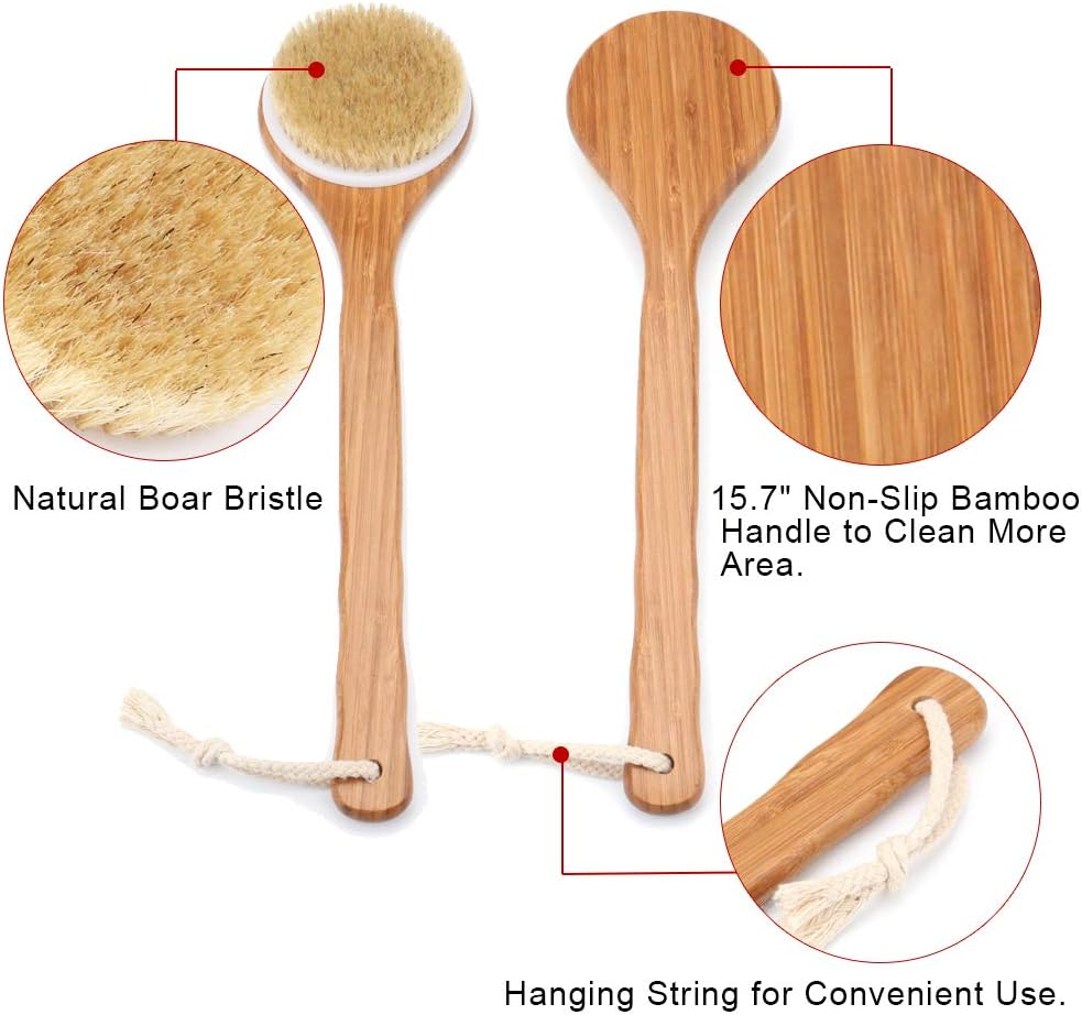 Shower Brush with Natural Bristle - Long Bamboo Handle Bath Body Brush for Wet or Dry Brushing - Improves Blood Circulation, Exfoliating Skin image number 1