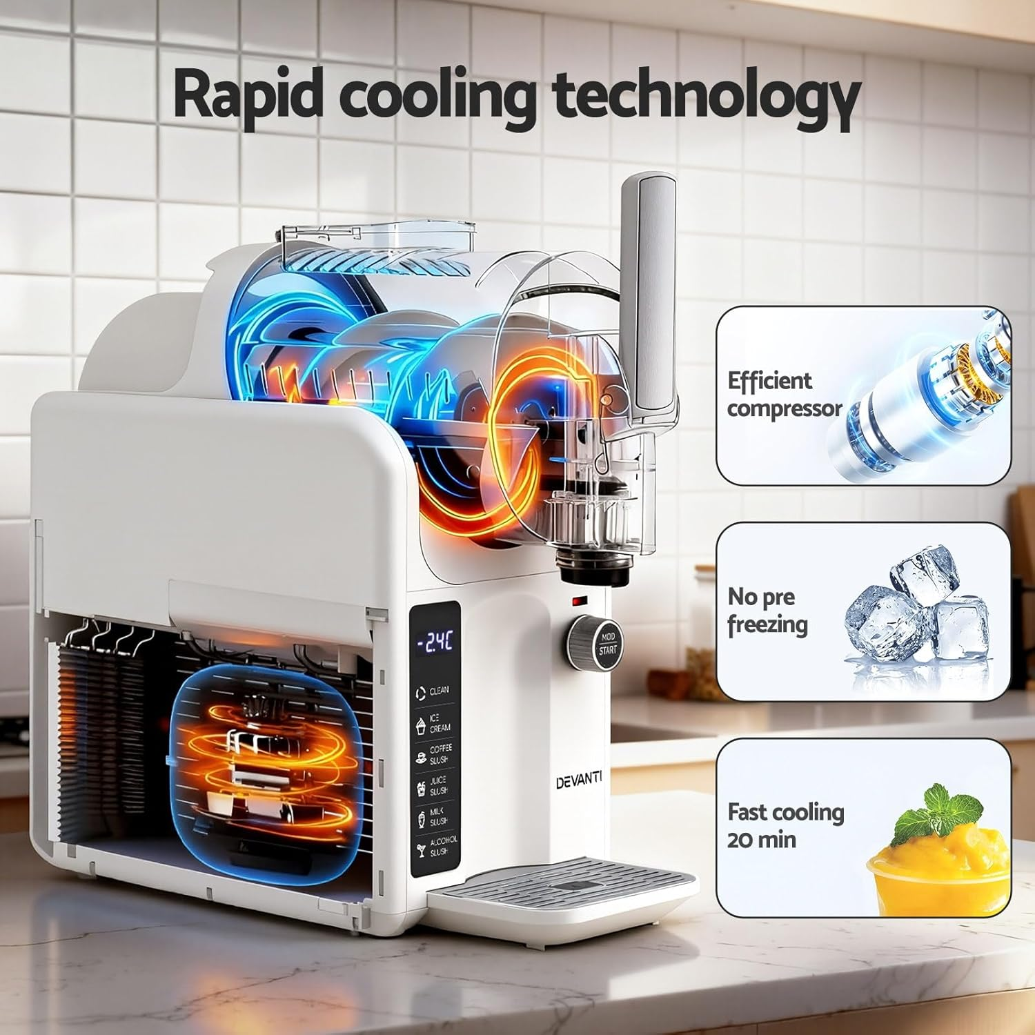 Devanti Slushie Machine Australia & Ice Cream Maker, 2L Large Slushie Maker, 20-Min Fast Cooling & One-Touch Cleaning, Ideal for Homemade Cocktails, Smoothies, Soft Ice Cream & Milkshakes, White image number 2