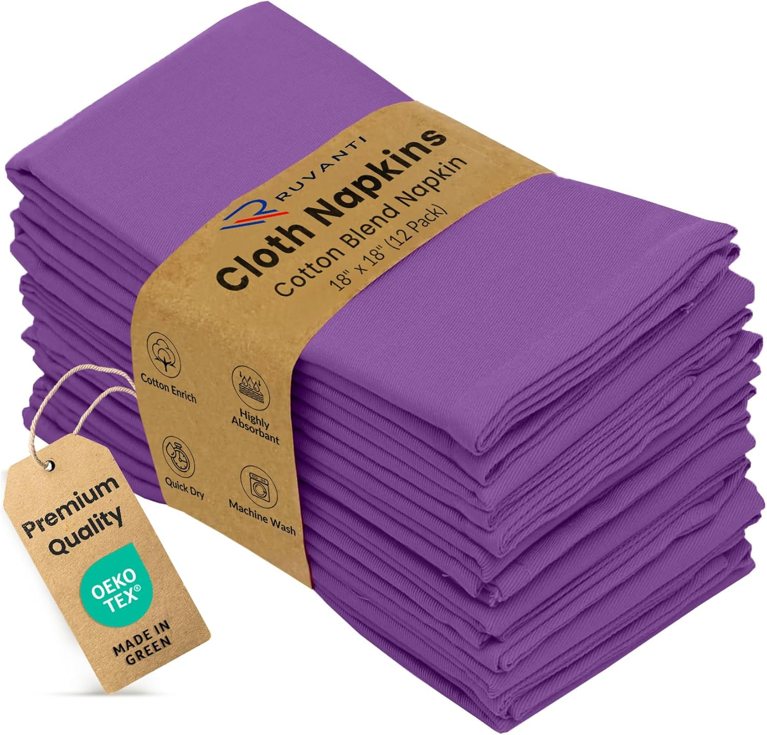 Ruvanti Cloth Napkins Set of 12, 18X18 Inches Napkins Cloth Washable, Soft, Durable, Absorbent, Cotton Blend. Table Dinner Napkins Cloth for Hotel, Lunch, Restaurant, Wedding Events, Parties - Purple