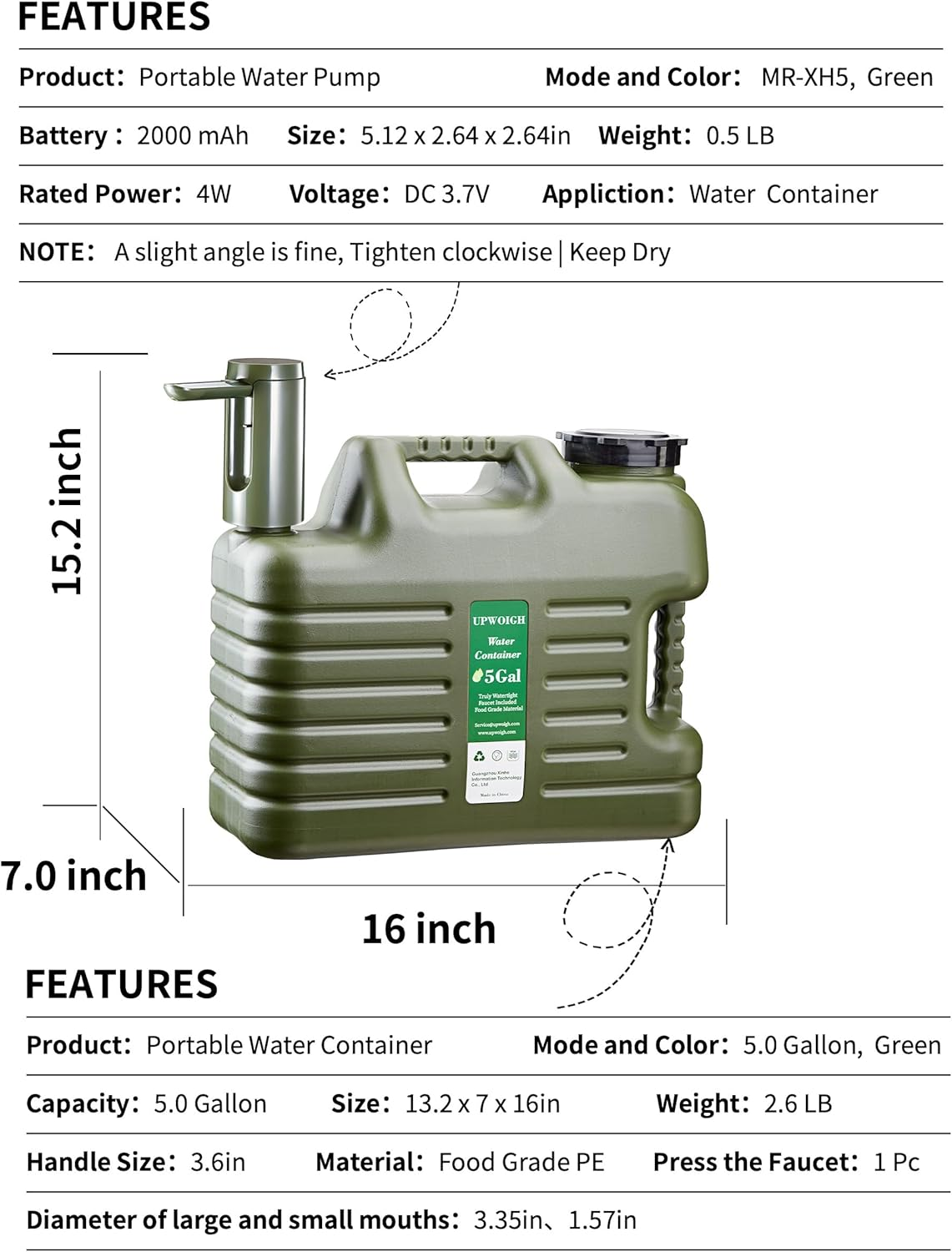 UPWOIGH Portable 19L Water Jug with Automatic Touch Control Pump,Truly No Leakage Water Container with Spigot,Type-C Rechargeable Military Green Water Pump Gear for Outdoors Camping Hiking