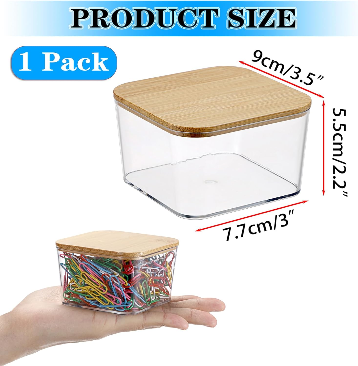 OGA Staple Dispenser Office Clips Box Plastic Box with Bamboo Lid Small Transparent Storage Box Versatile Desk Organiser for Paper Clips, Paper Clip, Letter Clips 8.5 X 8.5 X 5 Cm image number 3